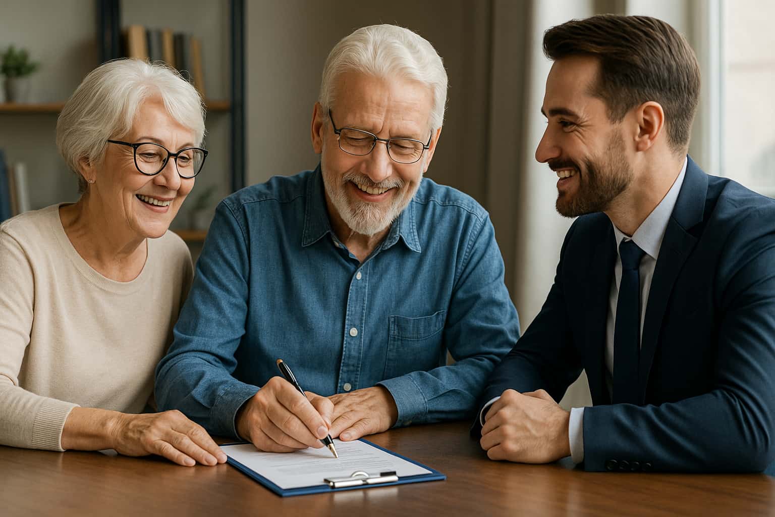 Medicare agent meeting with an elderly couple to discuss medicare leads and sign insurance paperwork in an office setting.