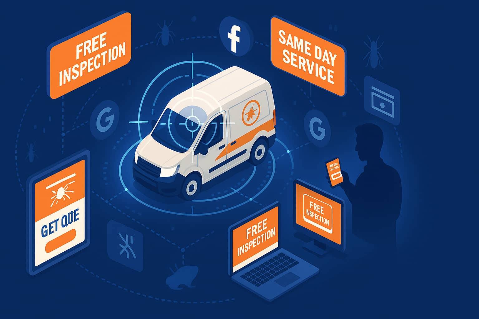 Pest control retargeting illustration showing digital remarketing ads following homeowner across multiple devices with Facebook and Google display advertising icons.