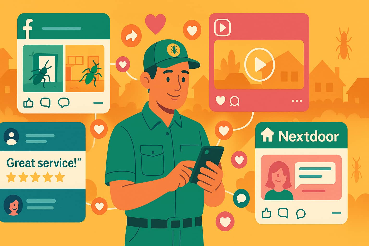 est control social media marketing strategy showing Facebook, Instagram, TikTok, and Nextdoor platforms with before-after photos, educational content, and customer engagement.