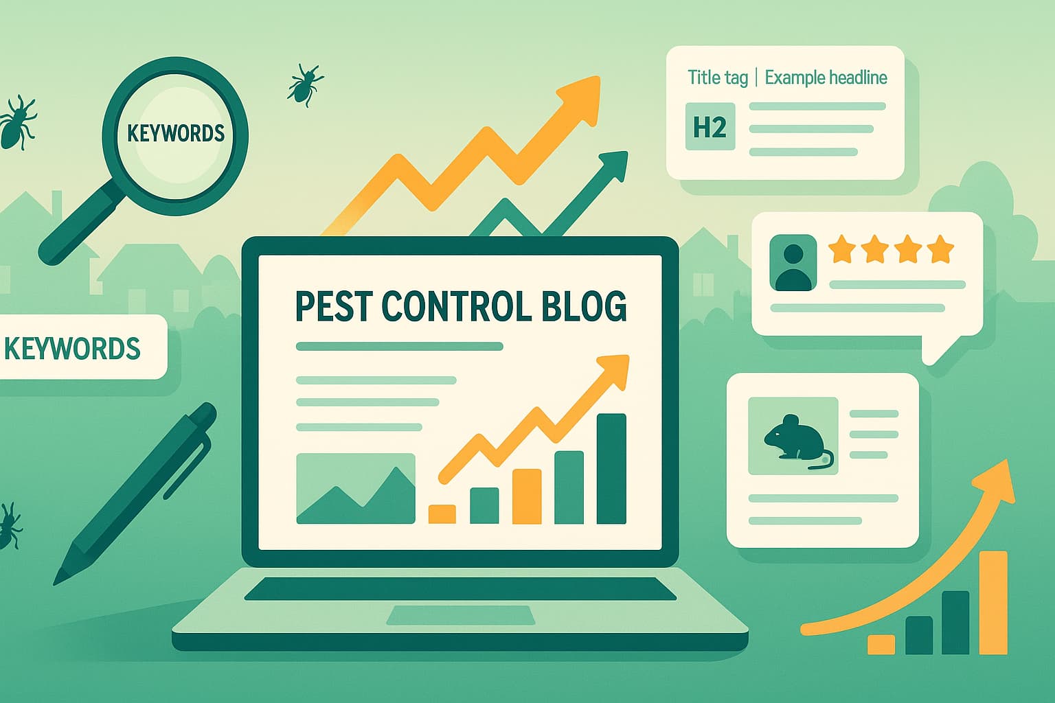 Pest control content marketing strategy showing blog creation, keyword research, SEO optimization, and organic traffic growth analytics dashboard