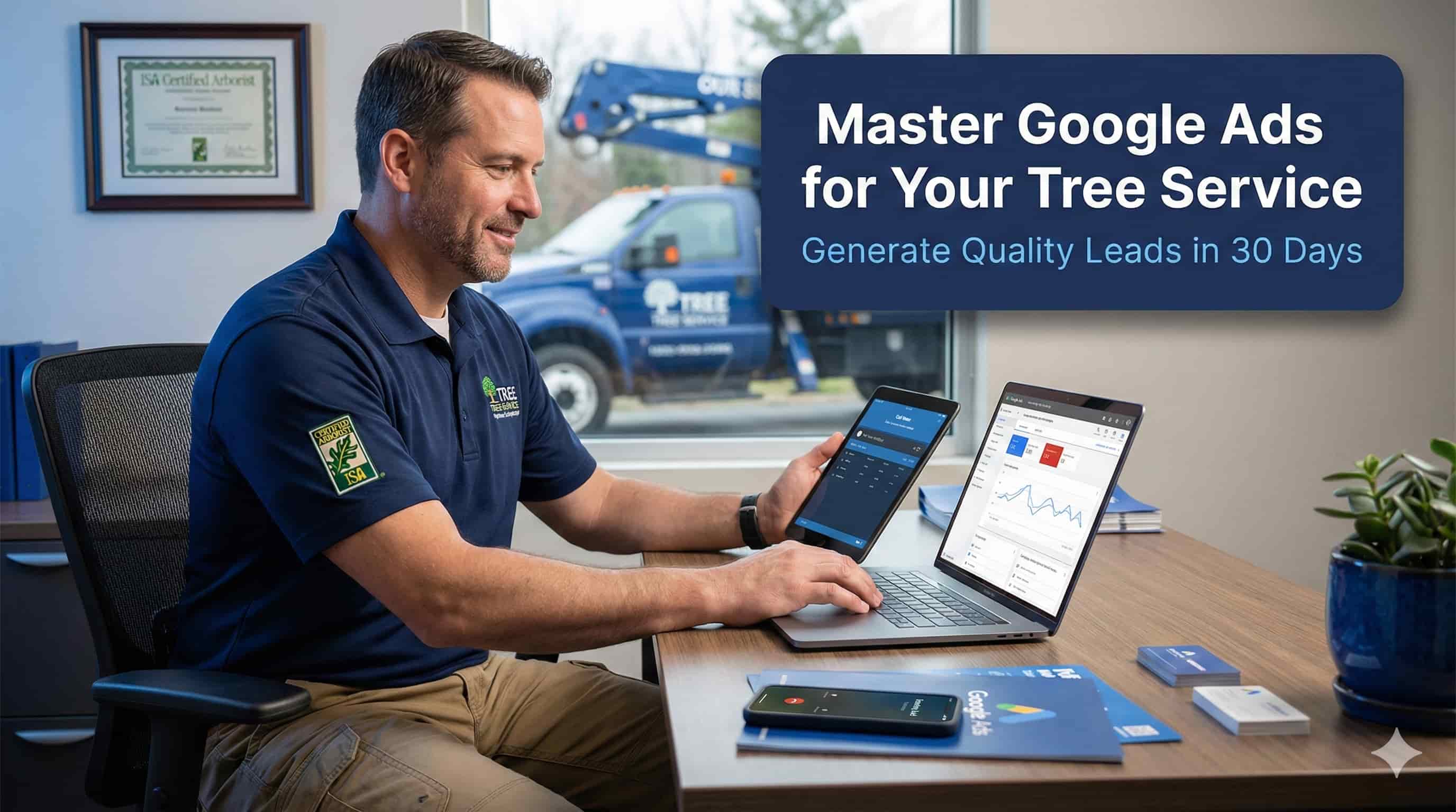 Tree service business owner analyzing Google Ads campaign performance on laptop showing lead generation results - tree service google ads strategy.