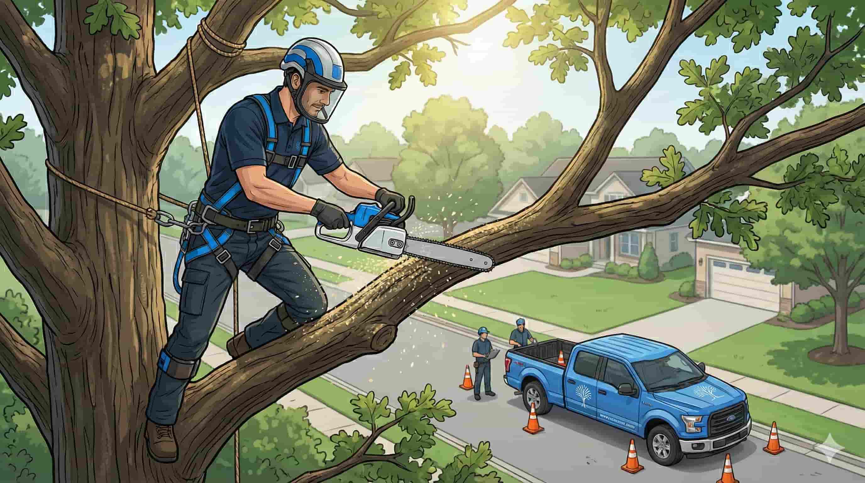 Professional tree service arborist reviewing mobile-optimized tree service website design on tablet beside company truck - tree service website design best practices.