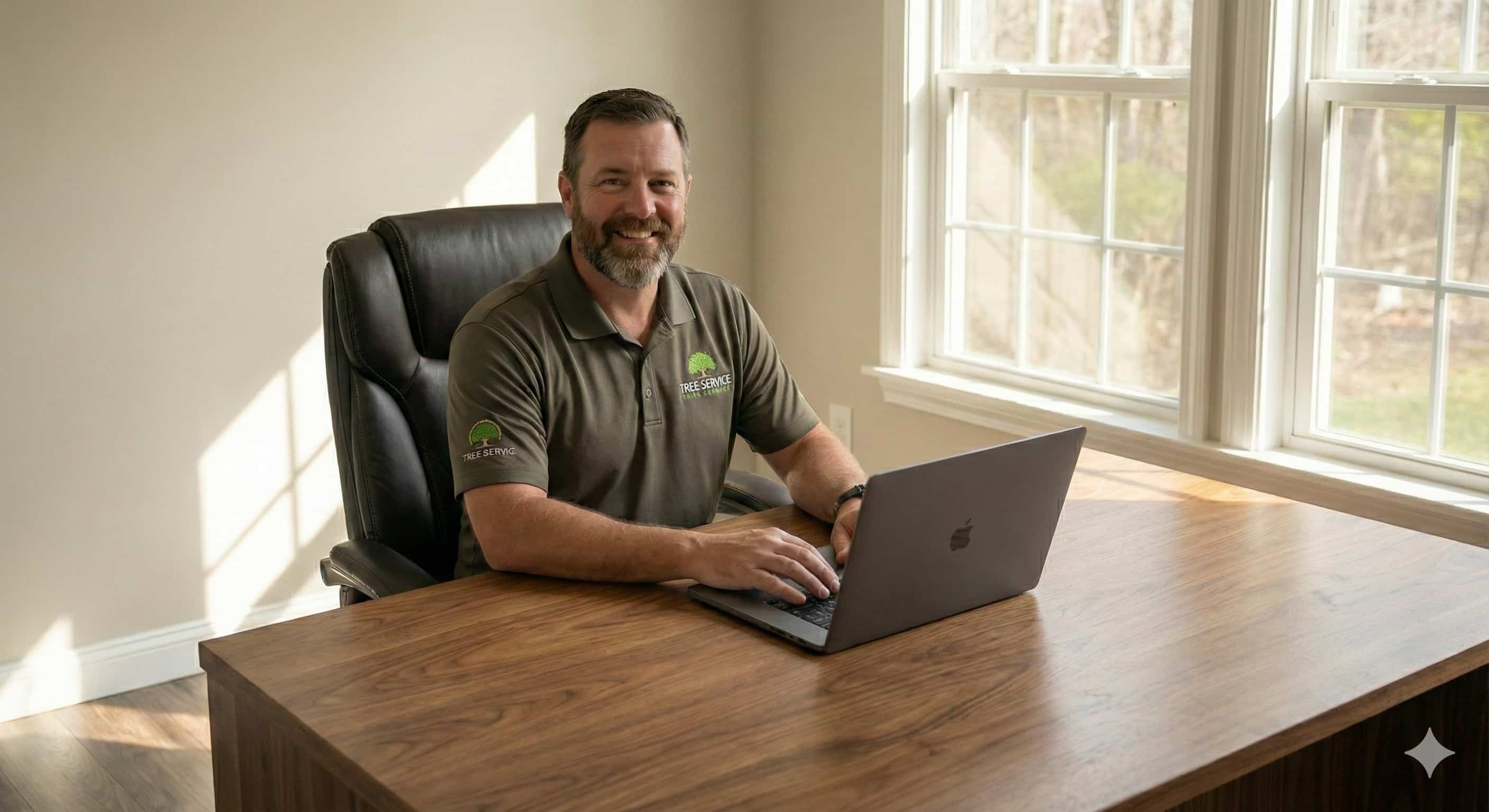 Professional arborist managing tree service social media marketing on smartphone in company truck - tree care digital marketing strategies.