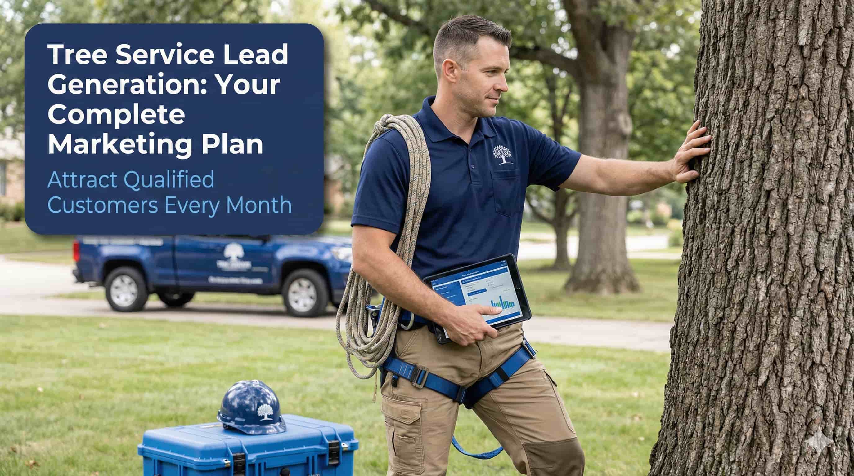 Professional arborist inspecting tree with digital tablet in residential setting - tree service lead generation and marketing strategies.