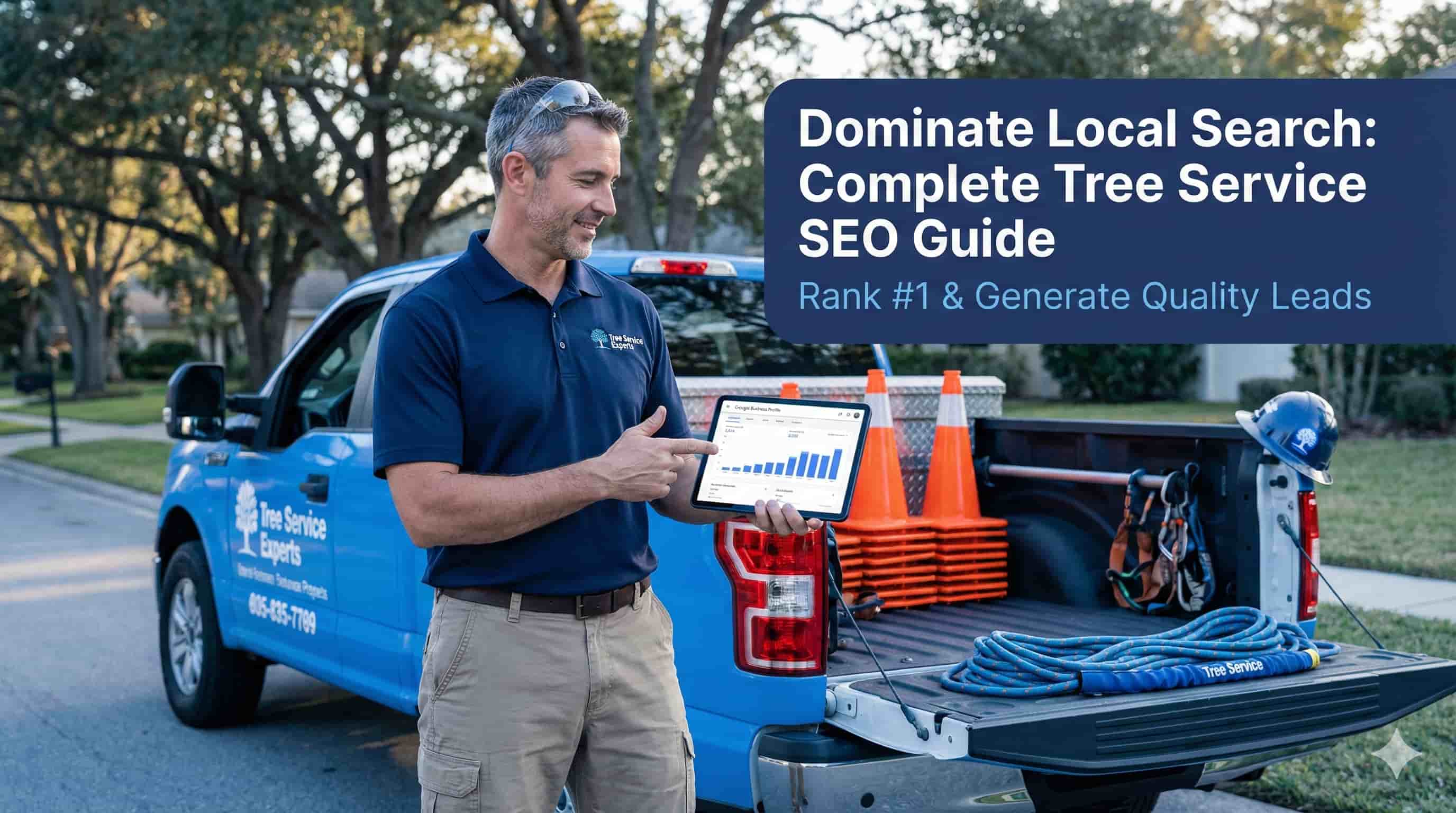 Professional tree service arborist reviewing Google Business Profile analytics on tablet beside company truck - tree service SEO guide and local search optimization.