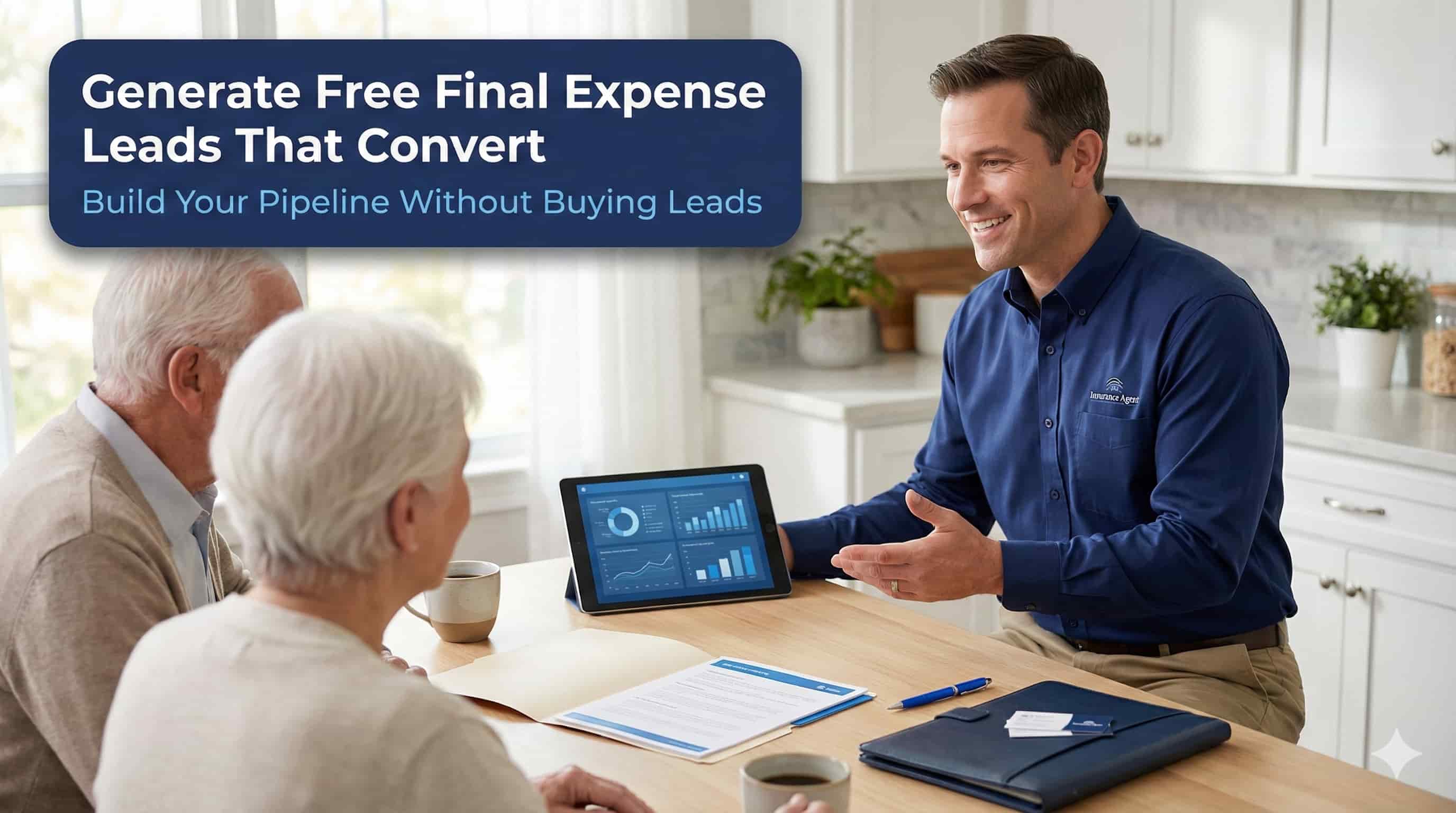 Professional insurance agent consulting with senior couple about final expense coverage in home setting - free final expense leads generation.