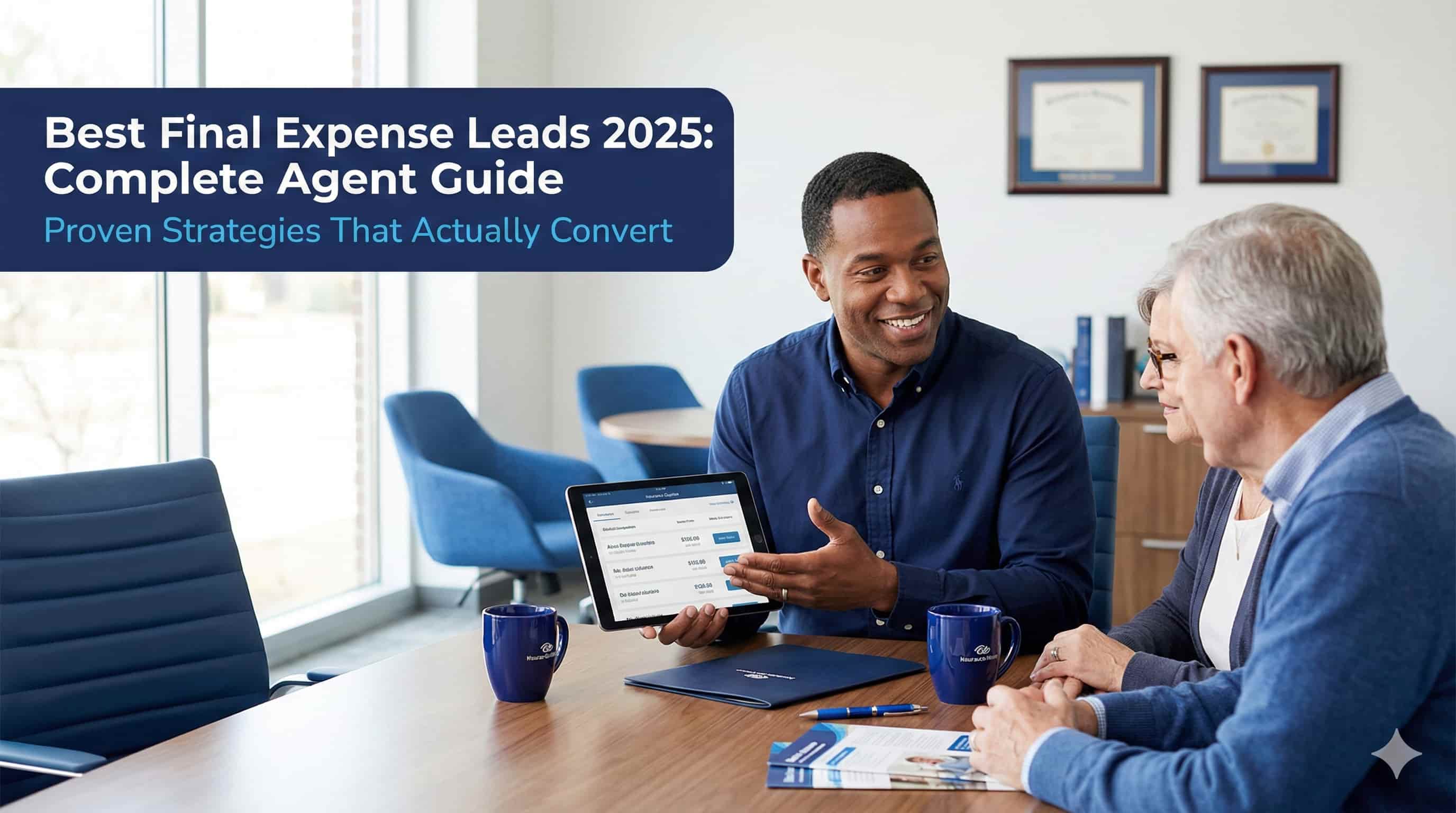 Insurance agent presenting final expense insurance options to senior couple in professional office setting - best final expense leads strategies.