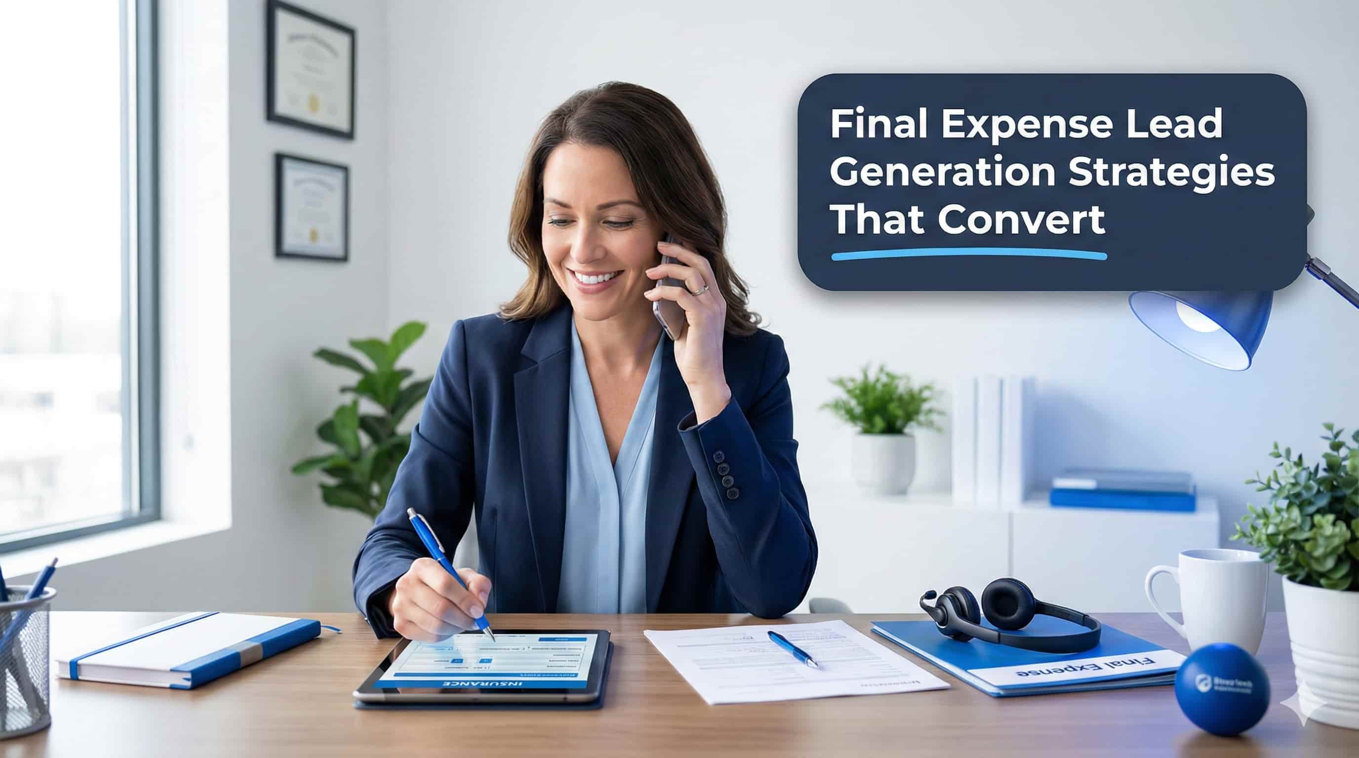 Professional insurance agent consulting with senior client on phone while reviewing final expense lead generation documents in modern office.