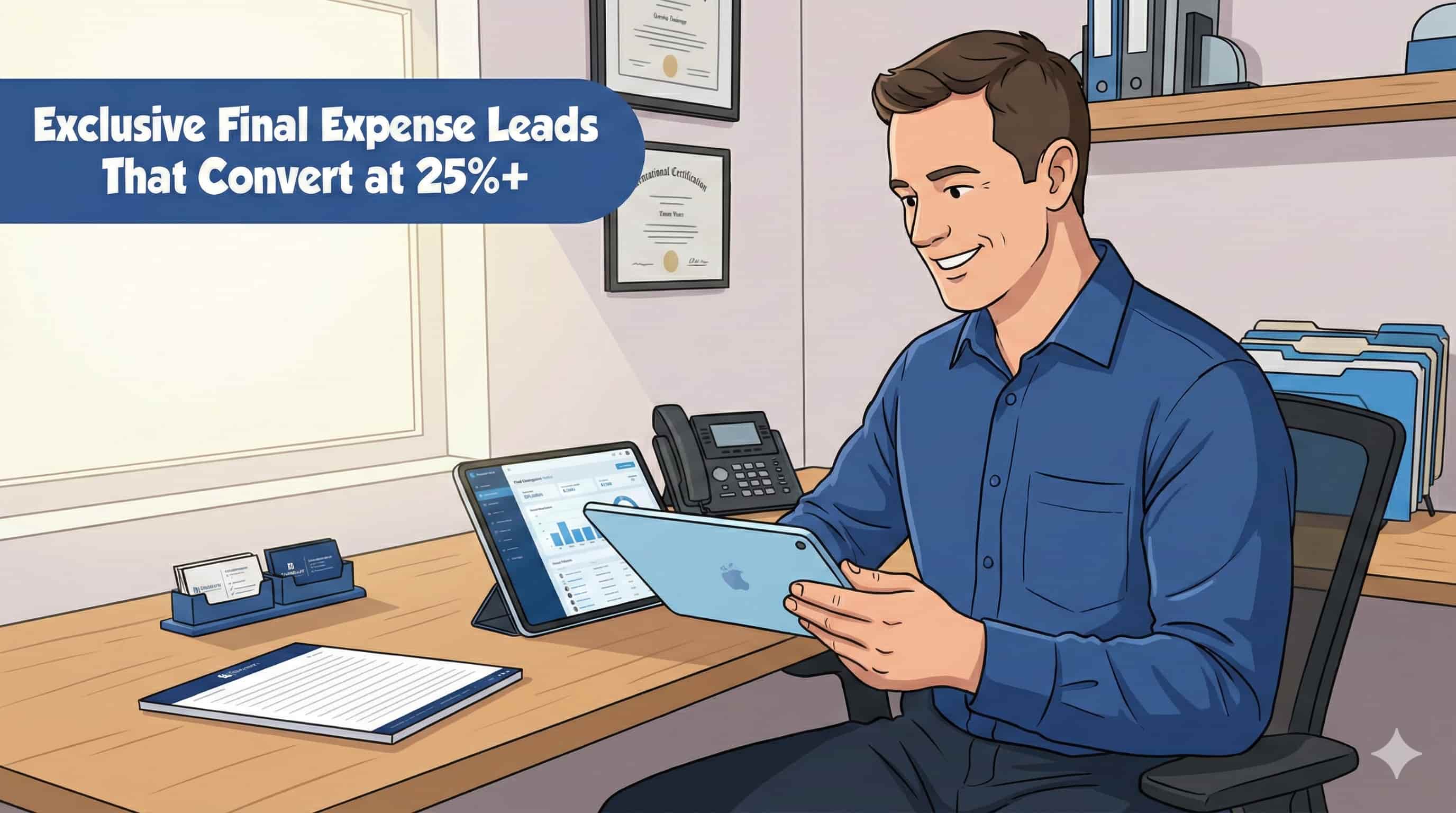 Professional insurance agent reviewing exclusive final expense leads on tablet in modern office - exclusive final expense leads.