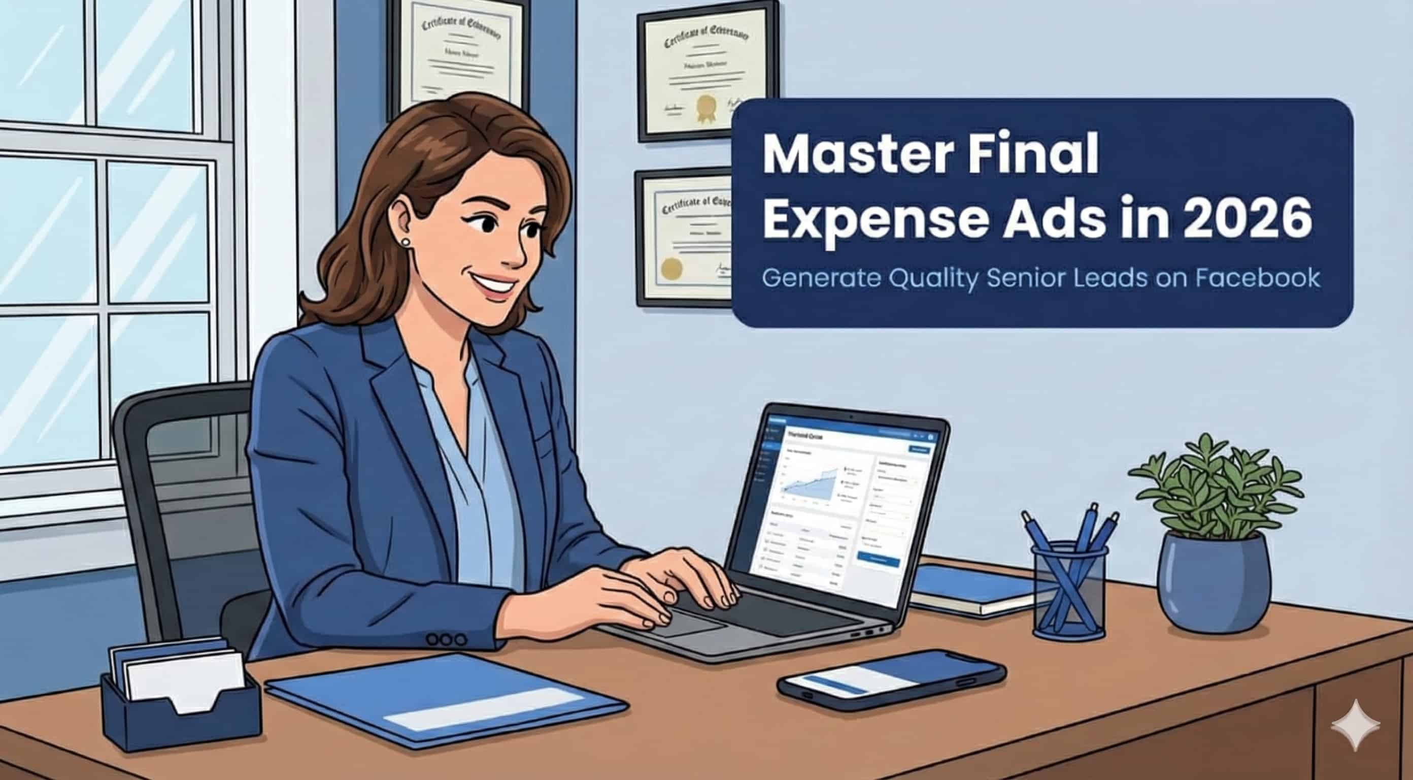 Professional insurance agent reviewing final expense Facebook ads and lead generation strategies on laptop - final expense marketing.