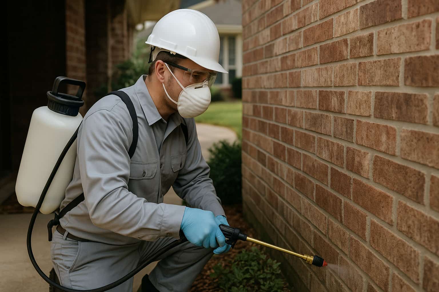 Pest control worker in protective gear spraying pesticide along the exterior wall of a brick house, using a backpack sprayer and wand during outdoor treatment.