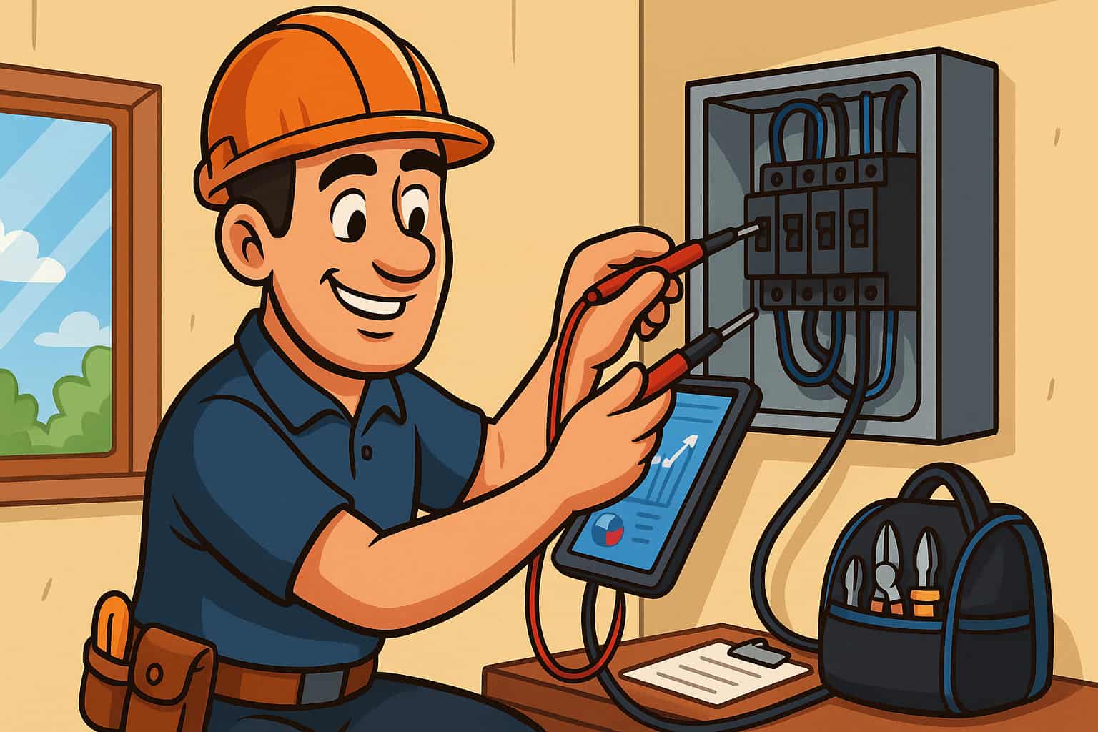 Cartoon electrician working on an electrical panel with testing probes, smiling while using a tablet that displays upward-trending graphs, with tool bag and clipboard beside him in a 16:9 illustrated scene.