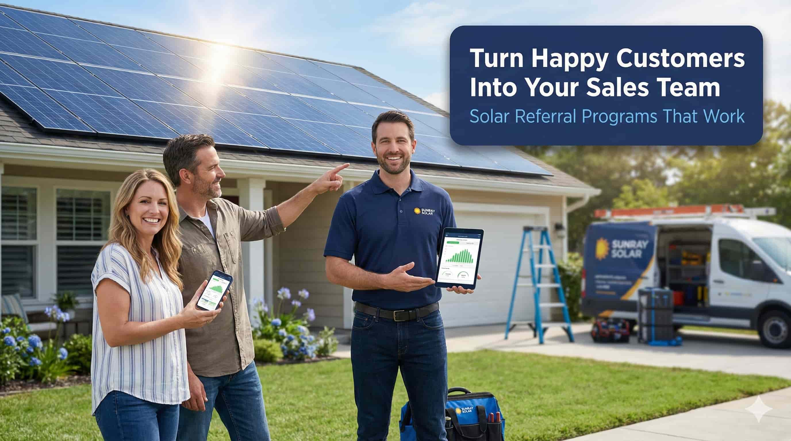 Solar installation consultant with satisfied homeowners in front of home with rooftop solar panels.