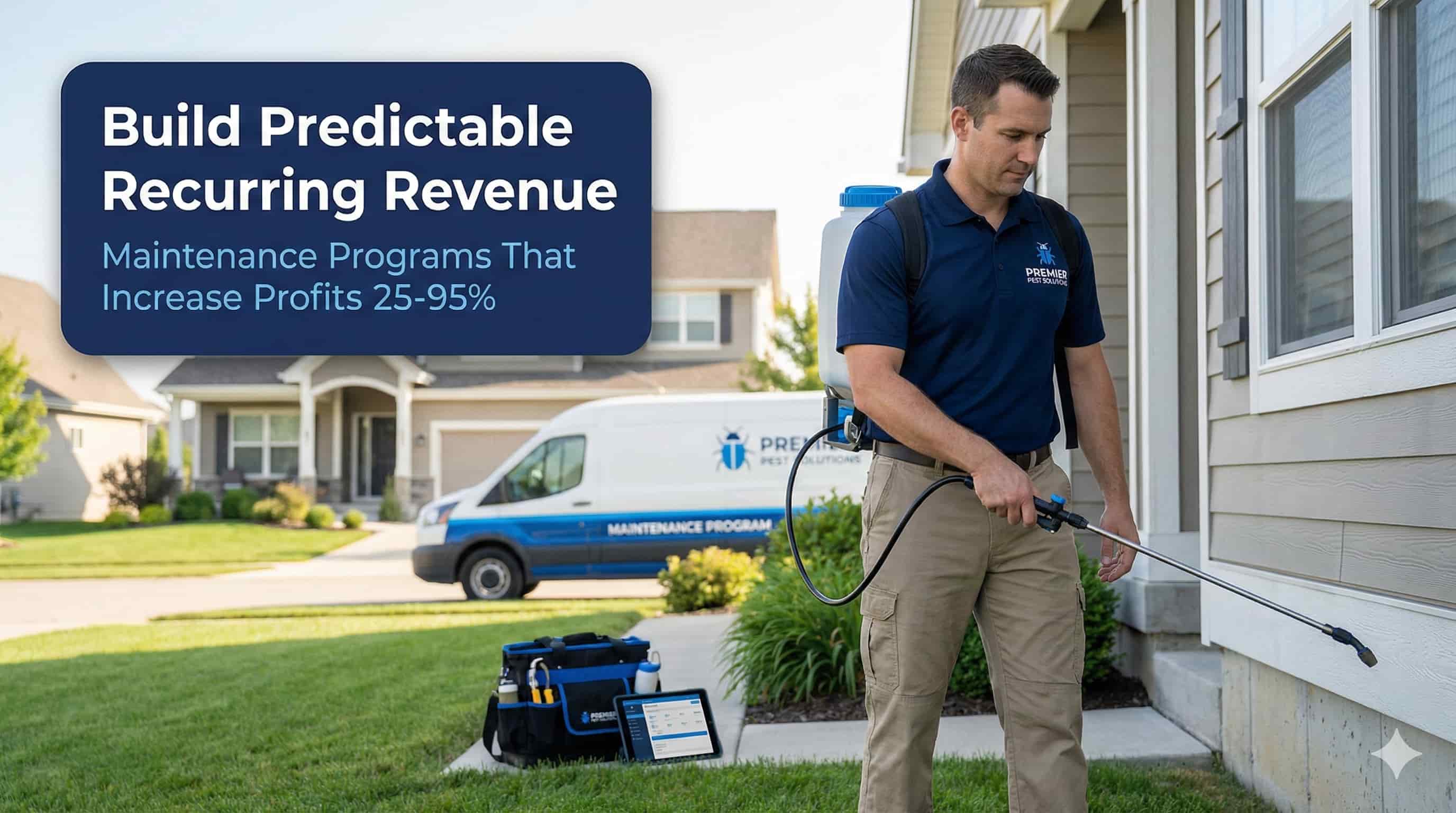 Pest control technician performing scheduled maintenance treatment at residential property.