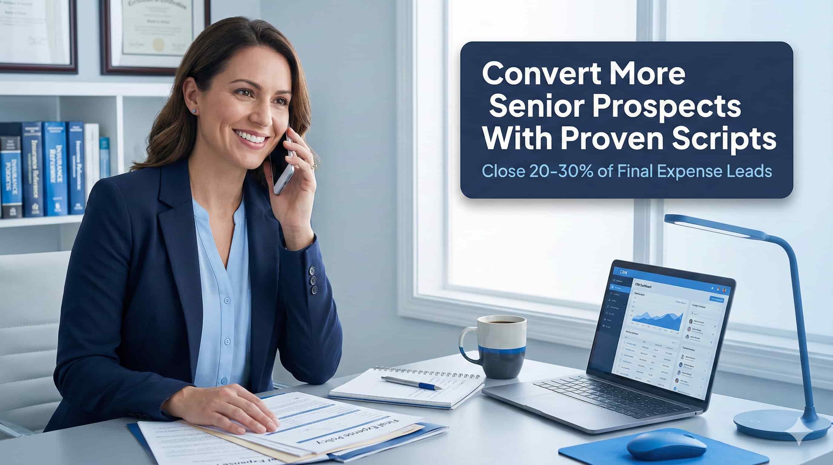 Professional insurance agent on final expense phone call with senior prospect using proven sales scripts.