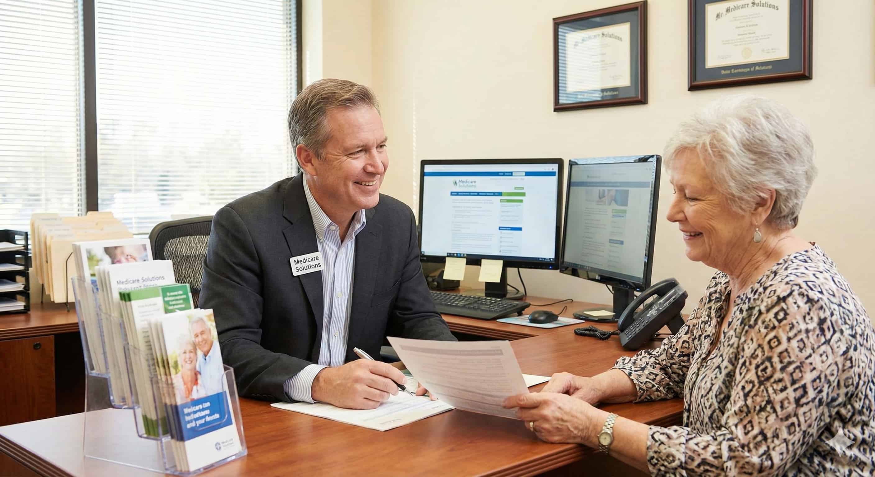 Medicare insurance agent in office with elder client.