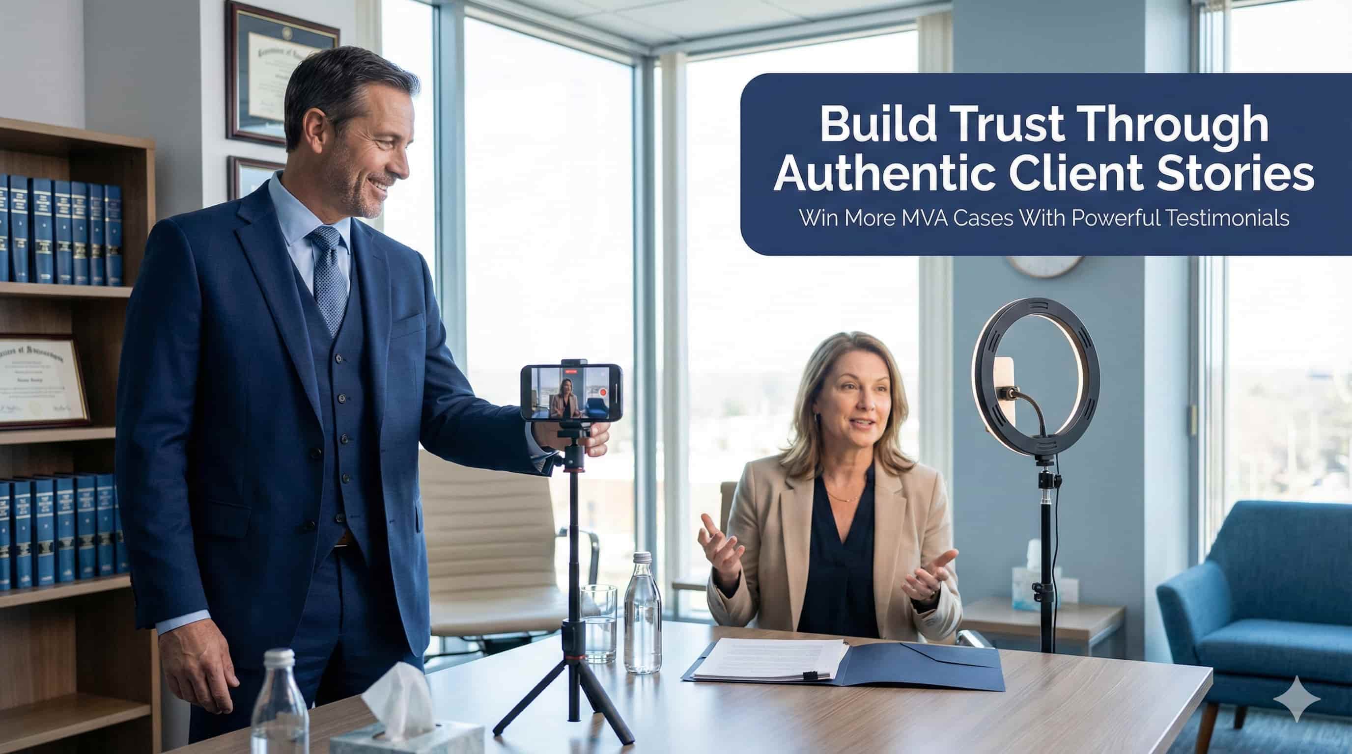 MVA lawyer recording authentic video testimonial with satisfied MVA client in professional law office.