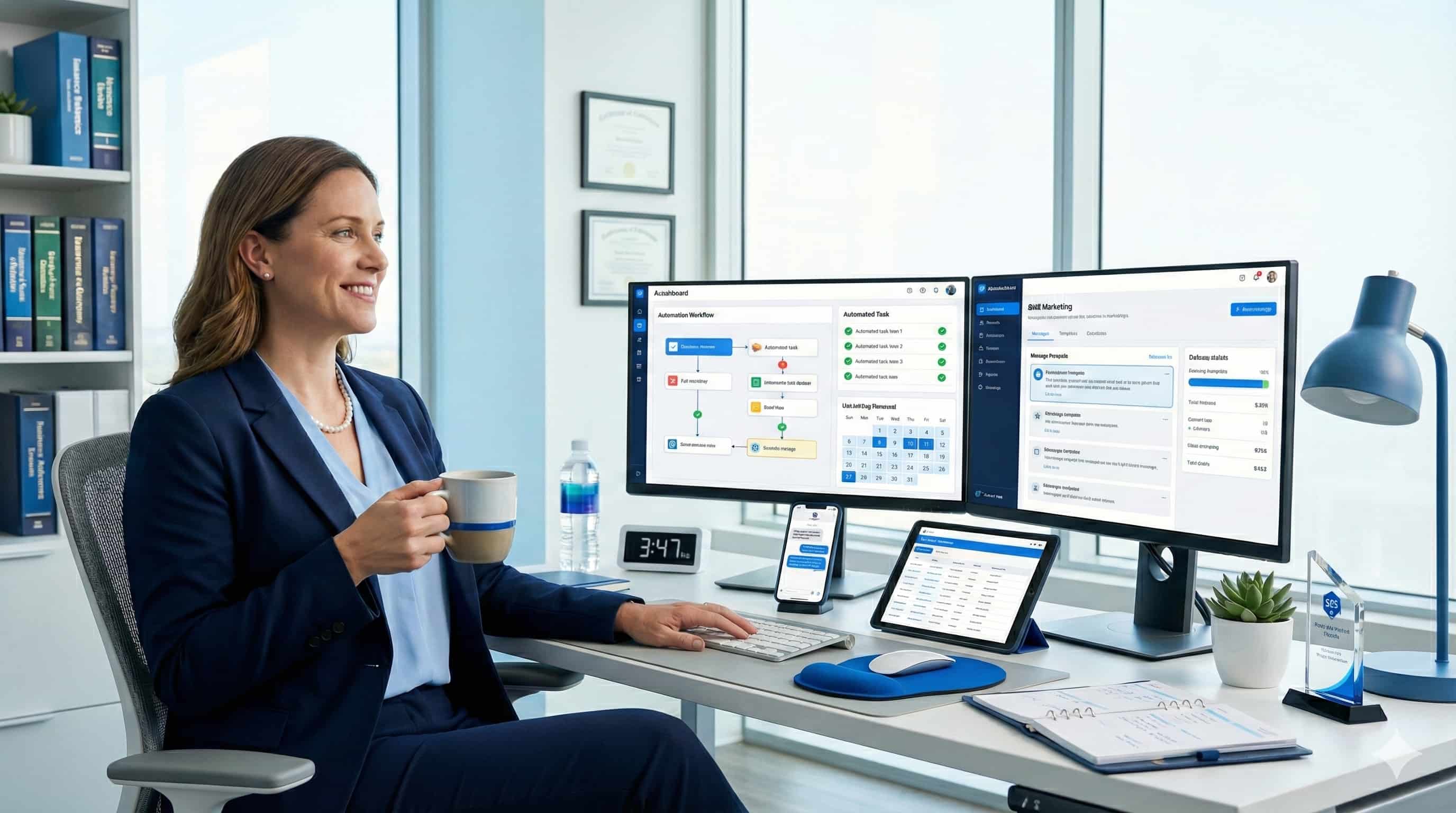 Insurance agent confidently managing automated CRM renewal workflows and SMS systems achieving work-life balance.