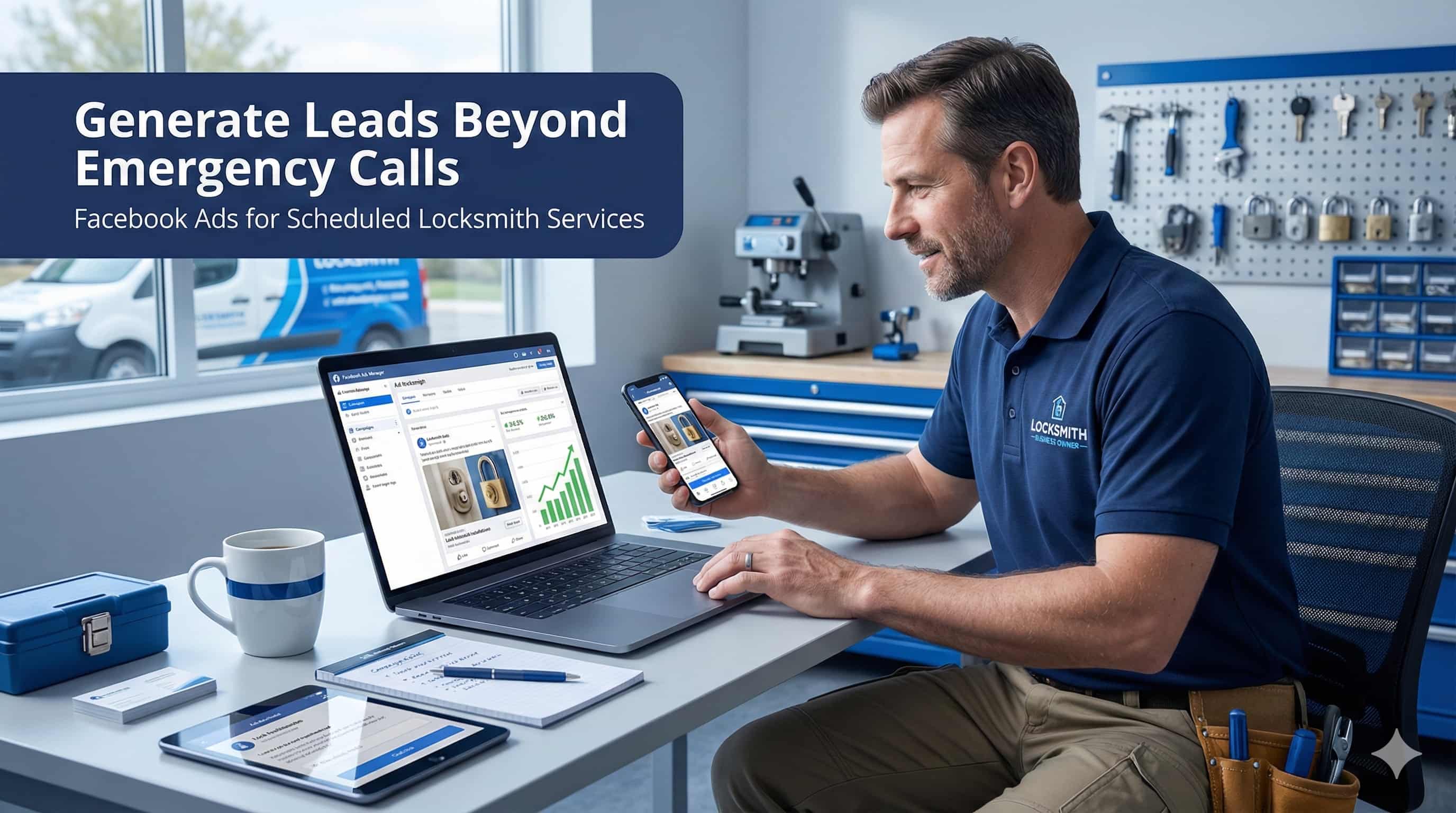 Professional locksmith business owner managing successful Facebook ad campaigns for scheduled services and security upgrades.