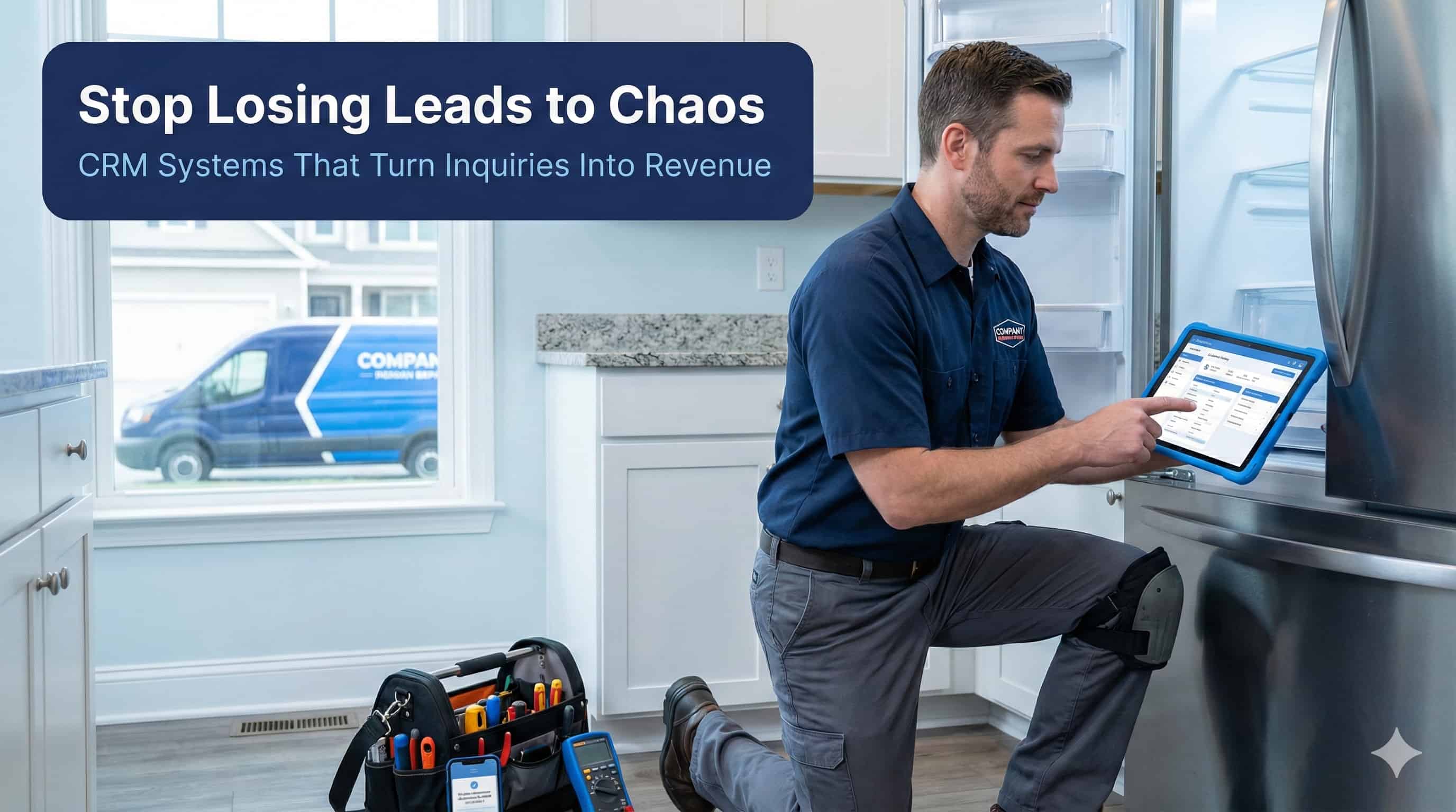 Appliance repair technician using CRM tablet software to access customer history while servicing refrigerator.