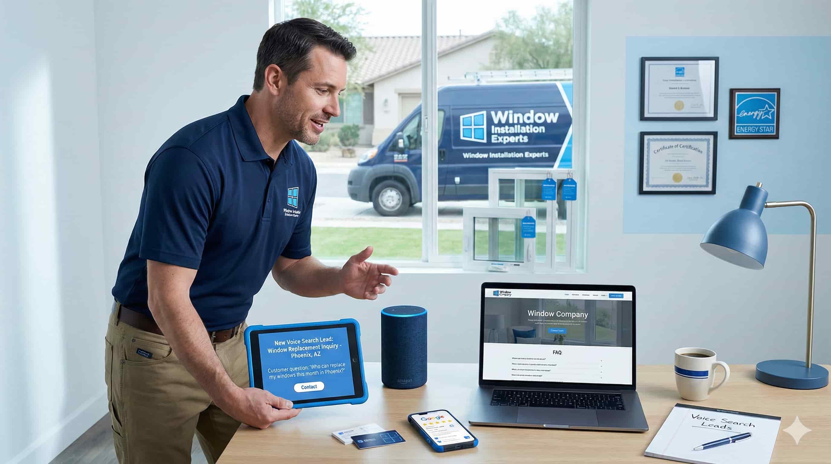 Window installation contractor receiving voice search lead through smart speaker showing customer query for window replacement services.