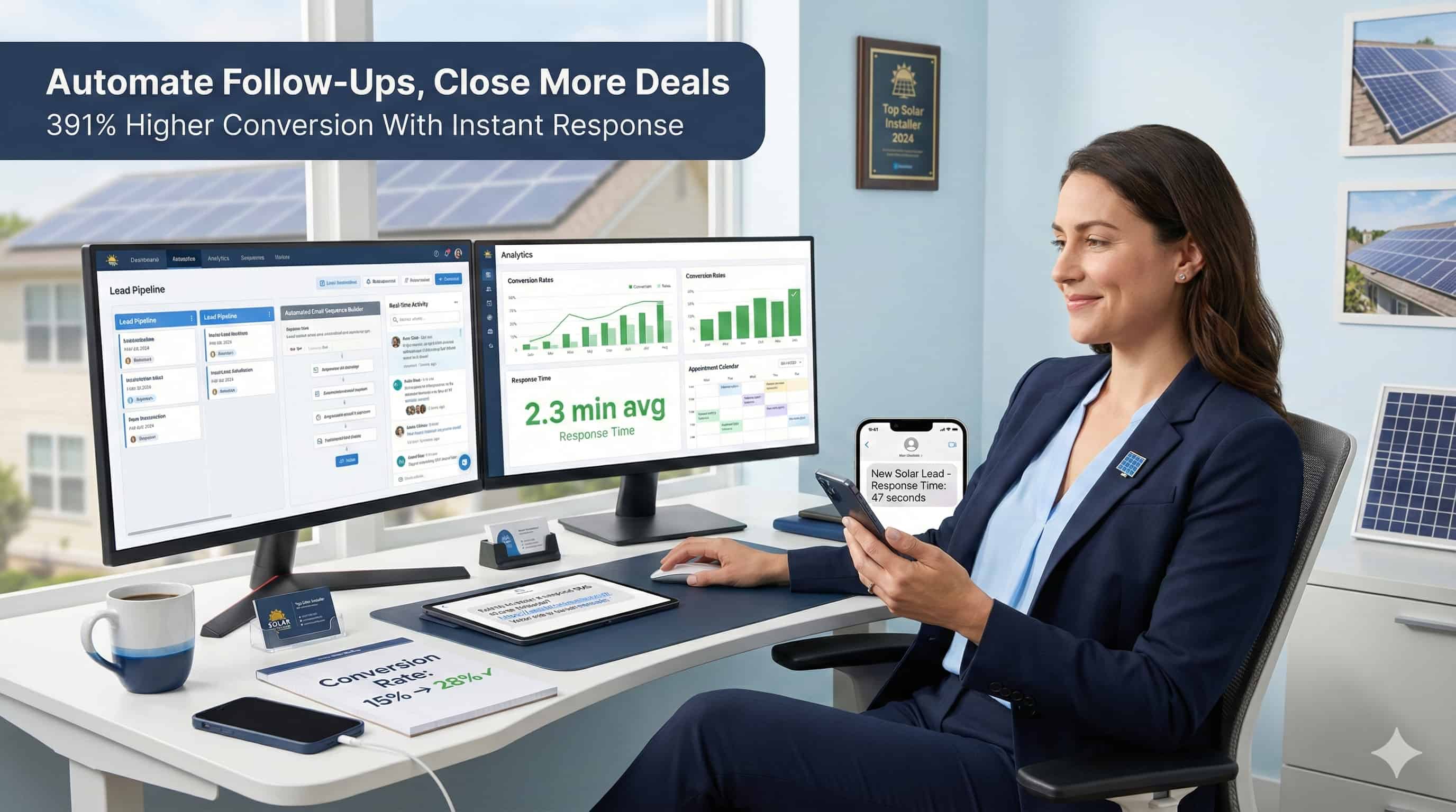 Solar sales professional using CRM automation dashboard showing instant lead response and automated email sequences achieving higher conversion rates.