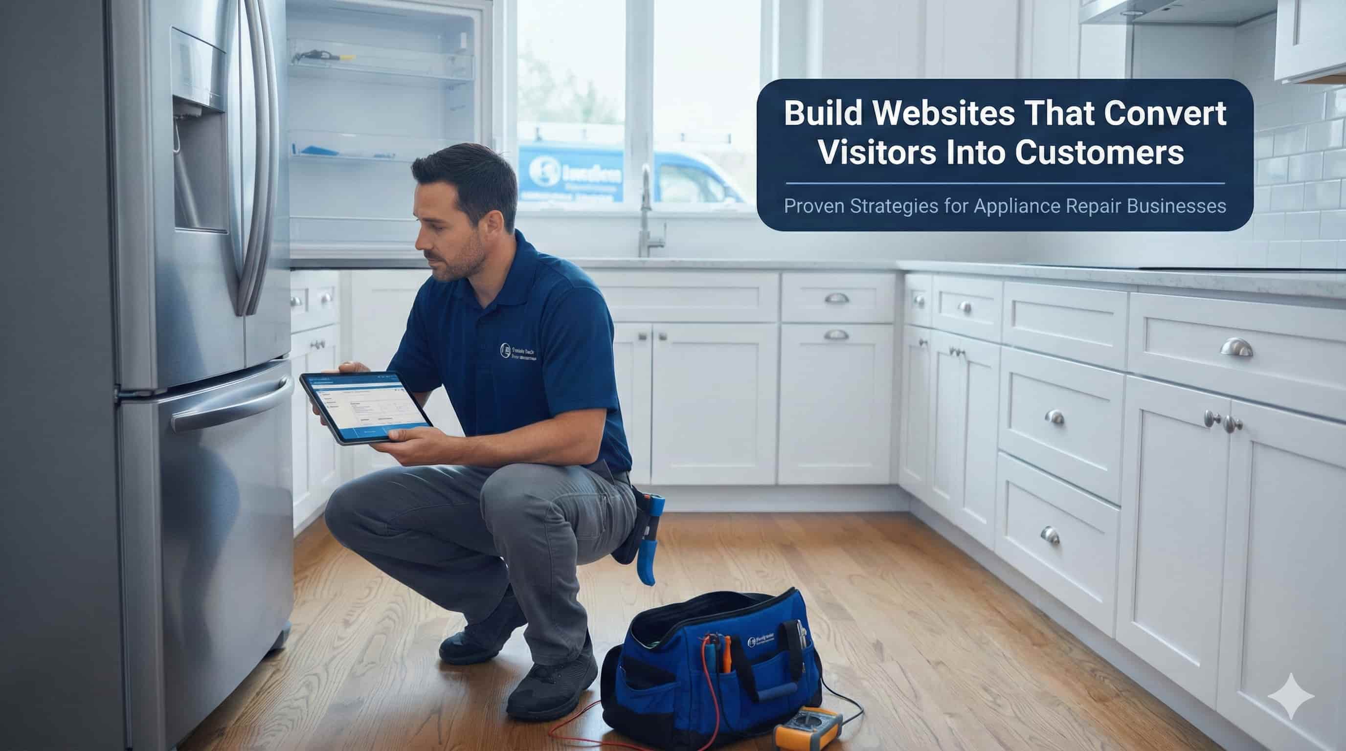 Professional appliance repair technician diagnosing refrigerator with diagnostic tablet in modern kitchen.