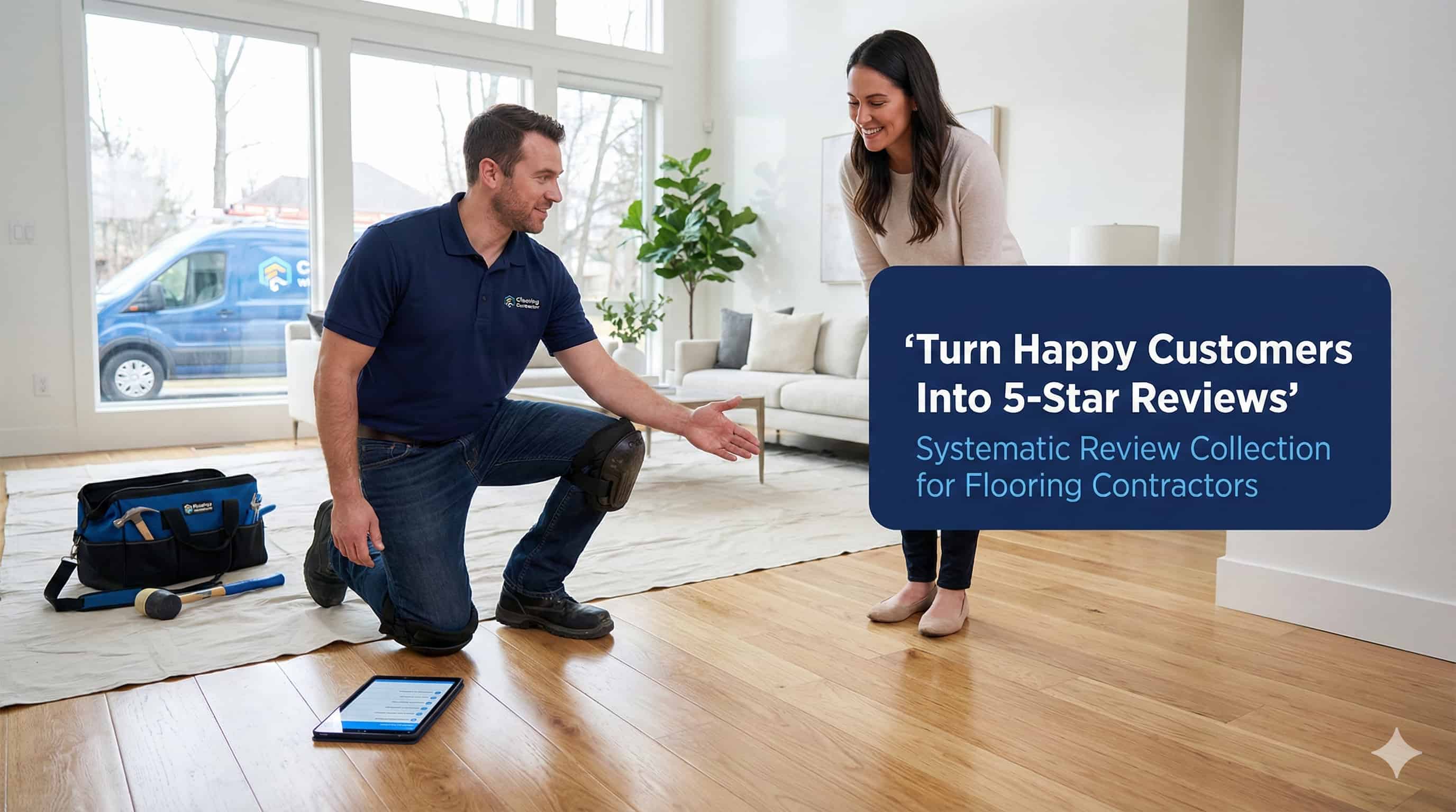 Professional flooring contractor showing completed hardwood floor installation to satisfied homeowner.
