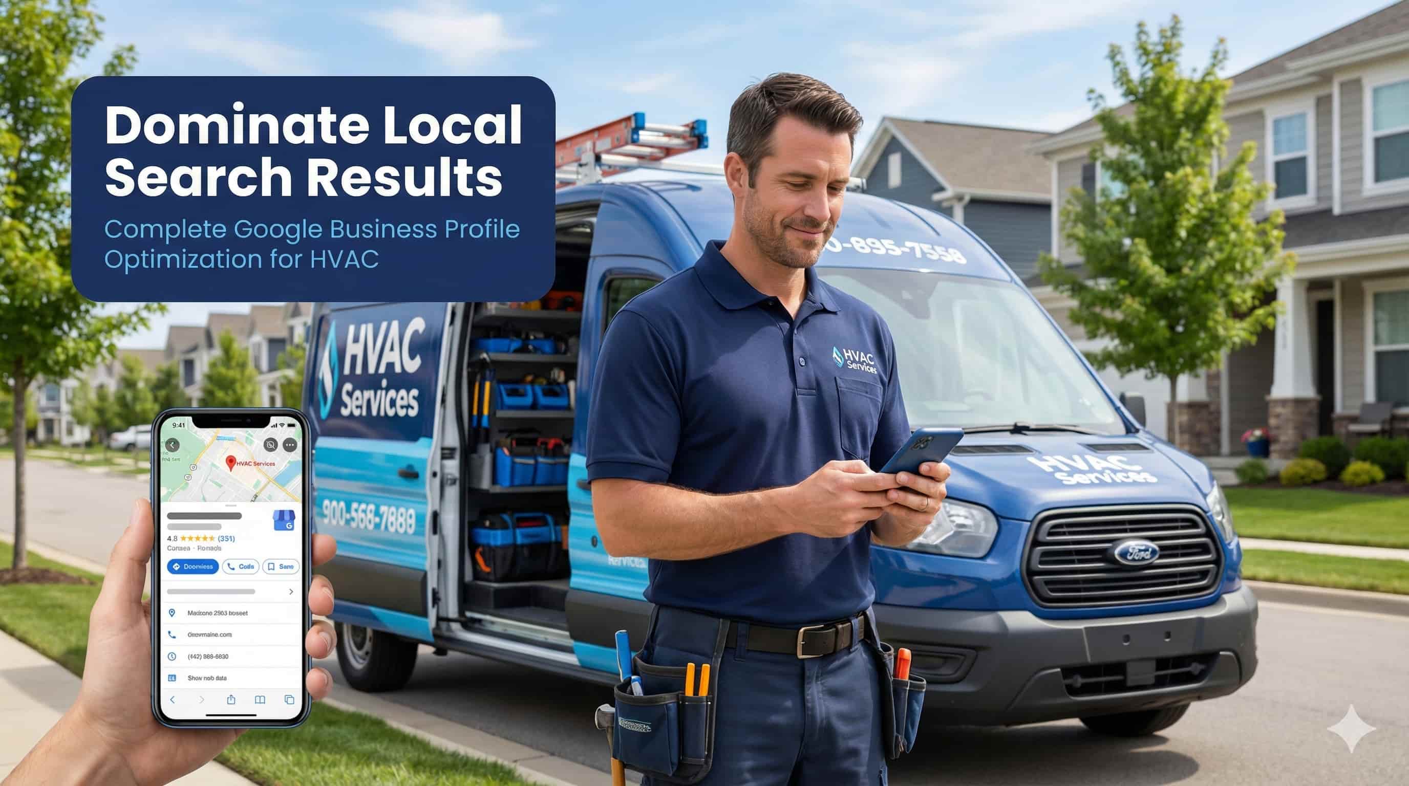 Professional HVAC technician checking Google Business Profile on smartphone beside service van.