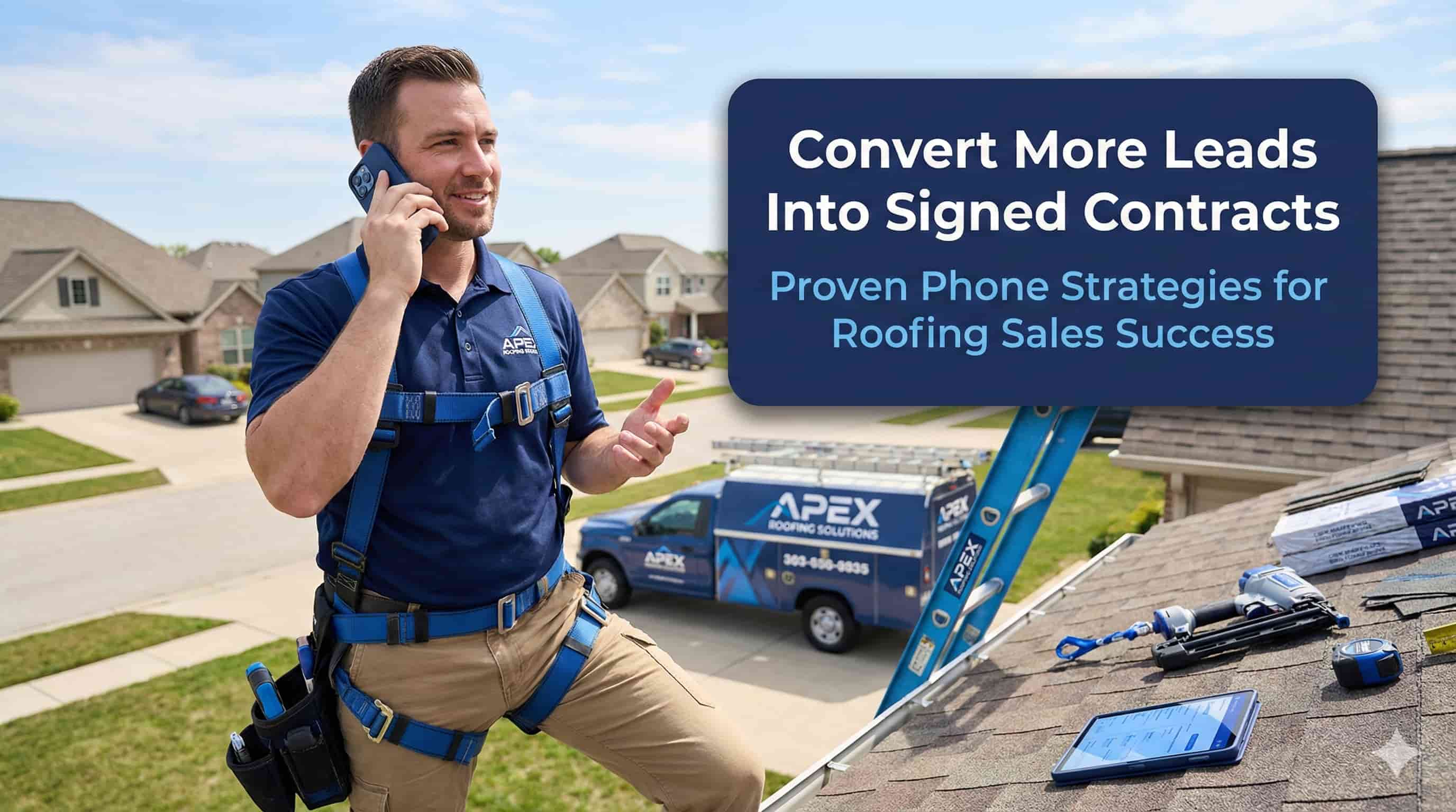 Professional roofing contractor taking customer sales call while working on residential roof.