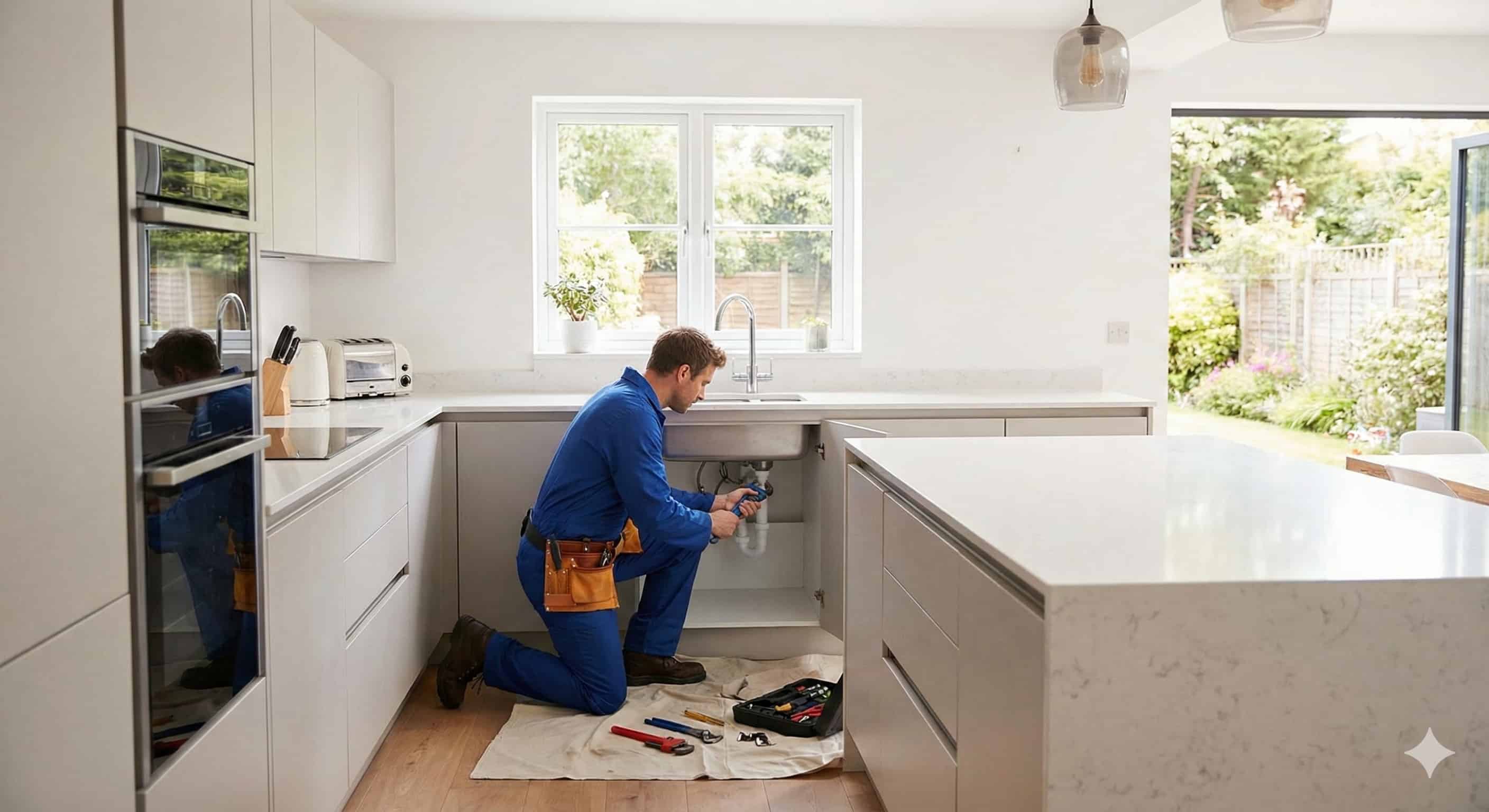 Professional plumber doing work under a sink in a modern home.