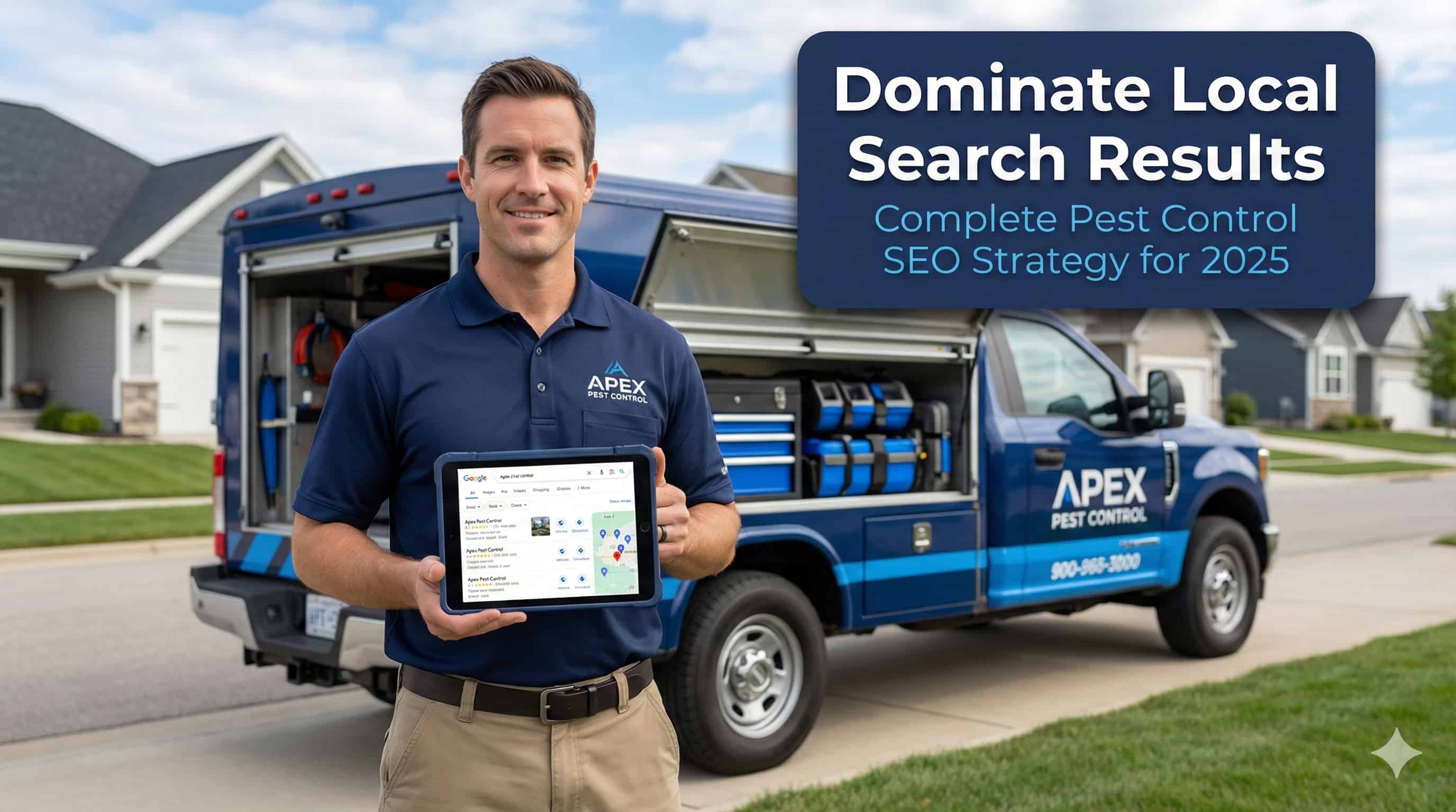 Professional pest control technician reviewing #1 Google Maps ranking on tablet beside service truck.