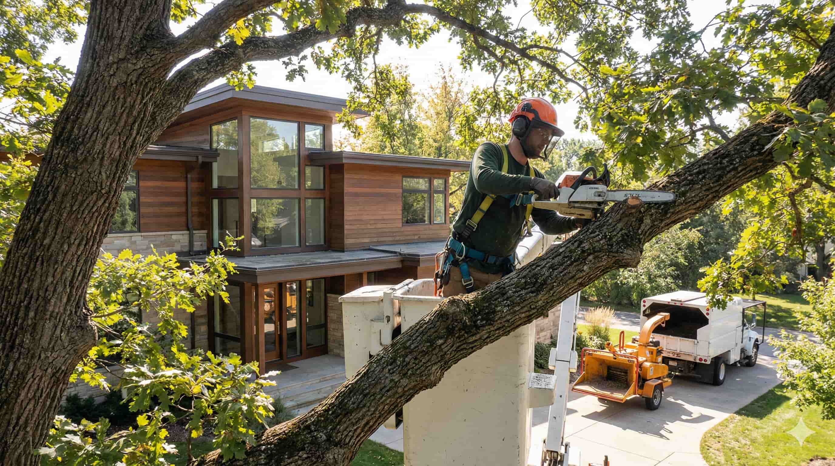 Professional arborist showing homeowner Google reviews with 4.9-star rating on tablet after completed tree removal.