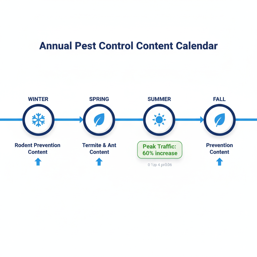 Year-round seasonal pest control content marketing calendar showing optimal timing for termite, rodent, and prevention content