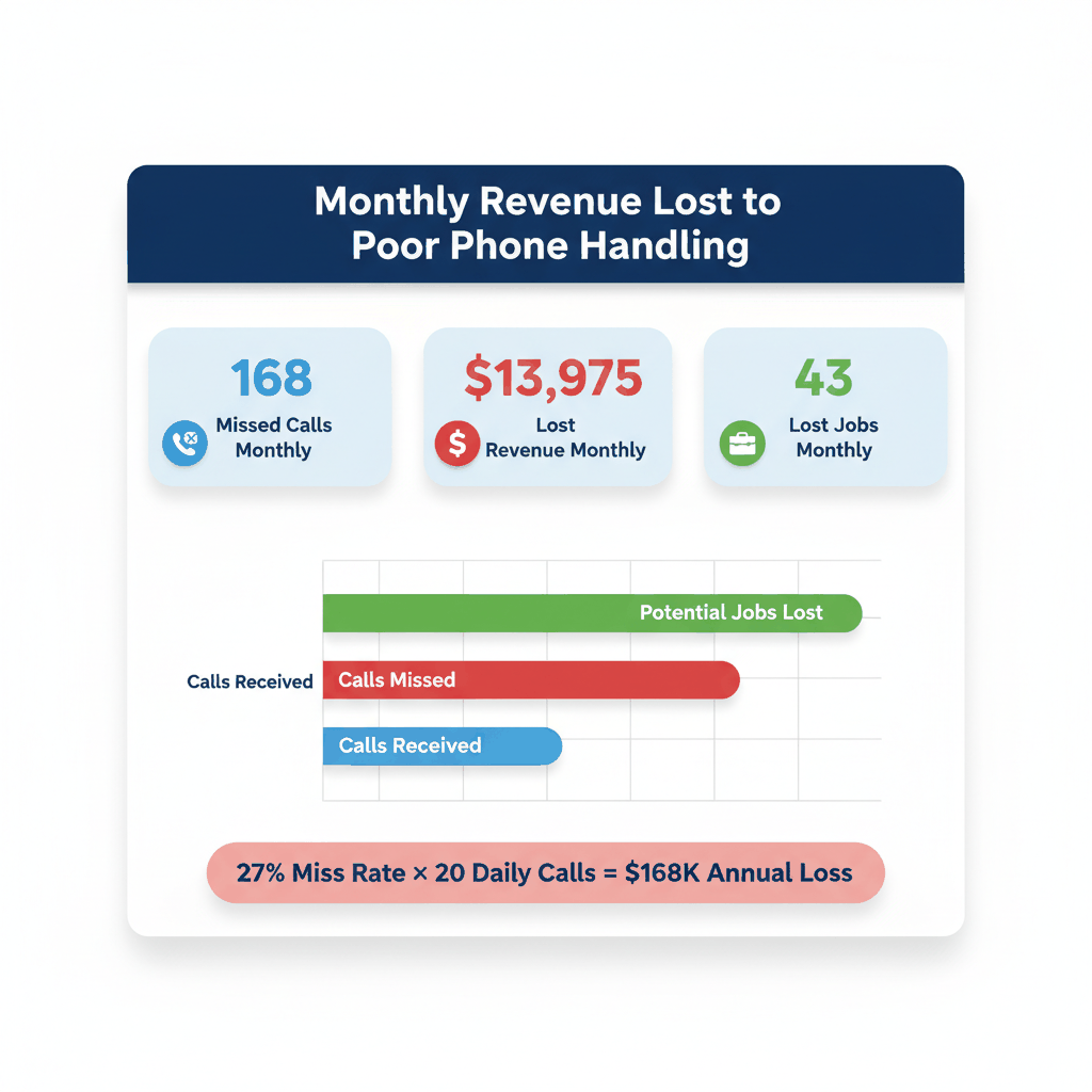 Revenue loss calculator showing plumbing businesses lose $13,975 monthly from 168 missed calls - plumbing phone scripts impact