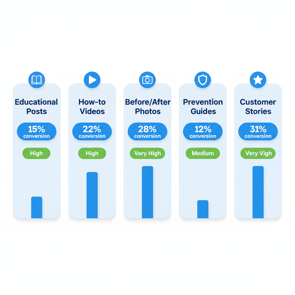 Content type performance comparison showing conversion rates for educational posts, videos, photos, guides, and customer testimonials in pest control marketing