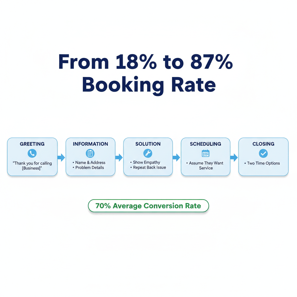 Book Em All framework process showing 5-step phone script that converts 70% of plumbing calls to appointments