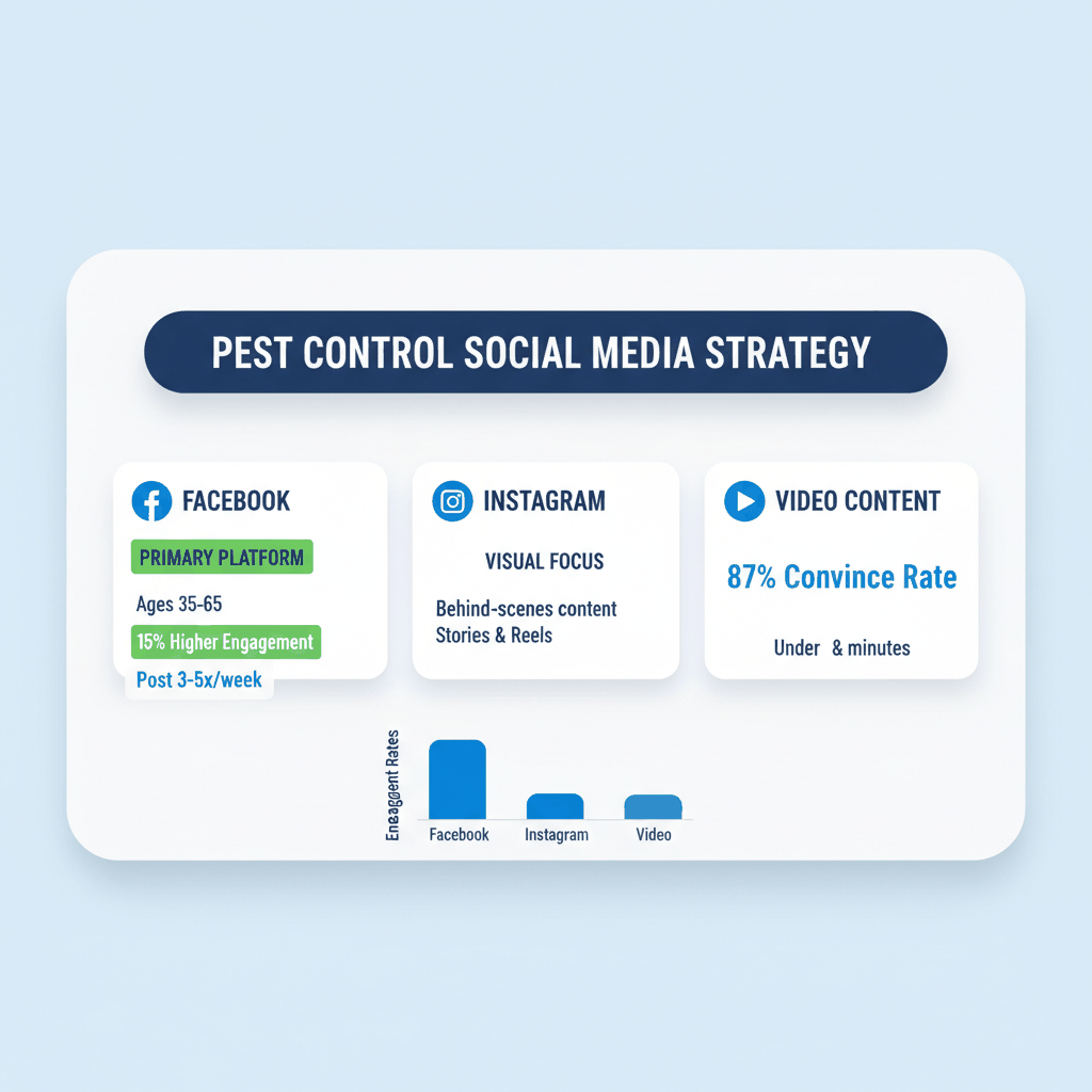 Social media strategy matrix for pest control companies showing Facebook, Instagram, and video content performance metrics and best practices
