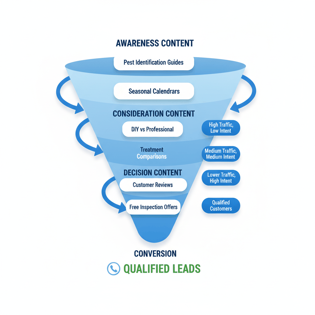 Blog content funnel showing how pest control topics move from awareness through consideration to decision and conversion