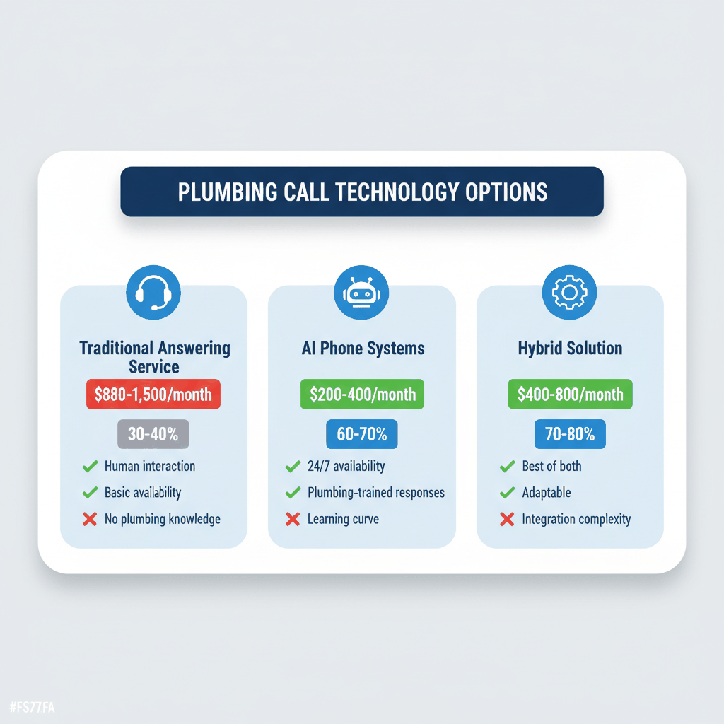 Technology comparison showing AI phone systems vs traditional answering services for plumbing businesses - costs and conversion rates
