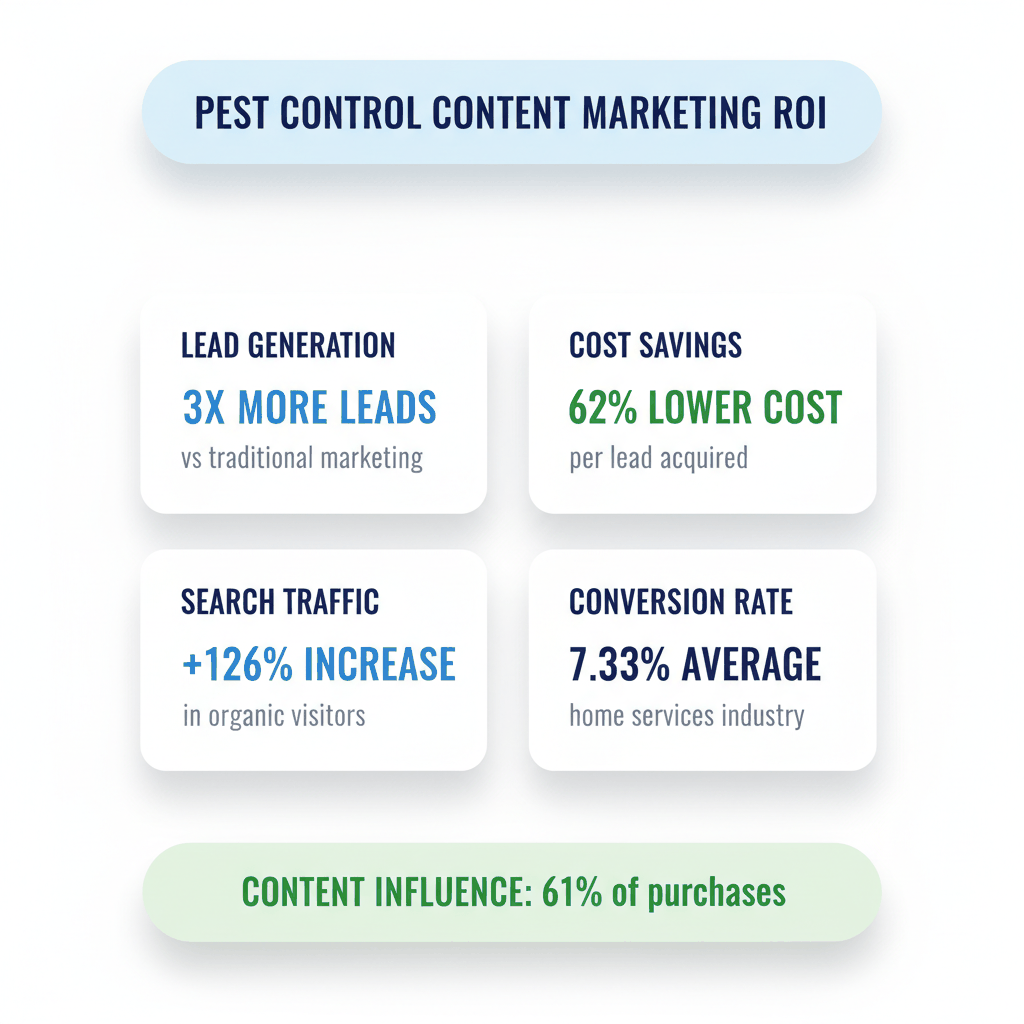 Content marketing ROI dashboard showing 3x more leads, 62% lower costs, 126% traffic increase, and 7.33% conversion rates for pest control companies