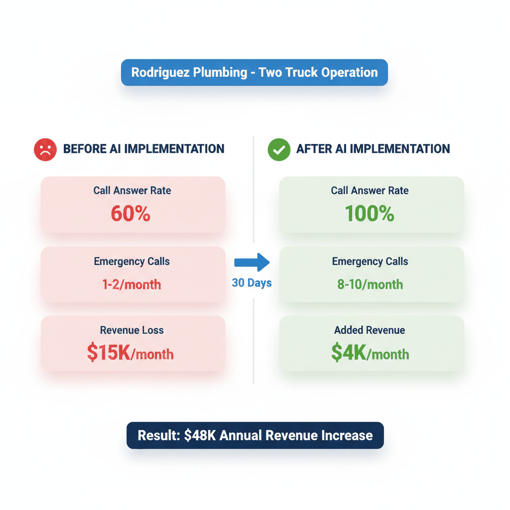 Rodriguez Plumbing case study showing 100% call capture rate and $48K revenue increase using AI phone systems