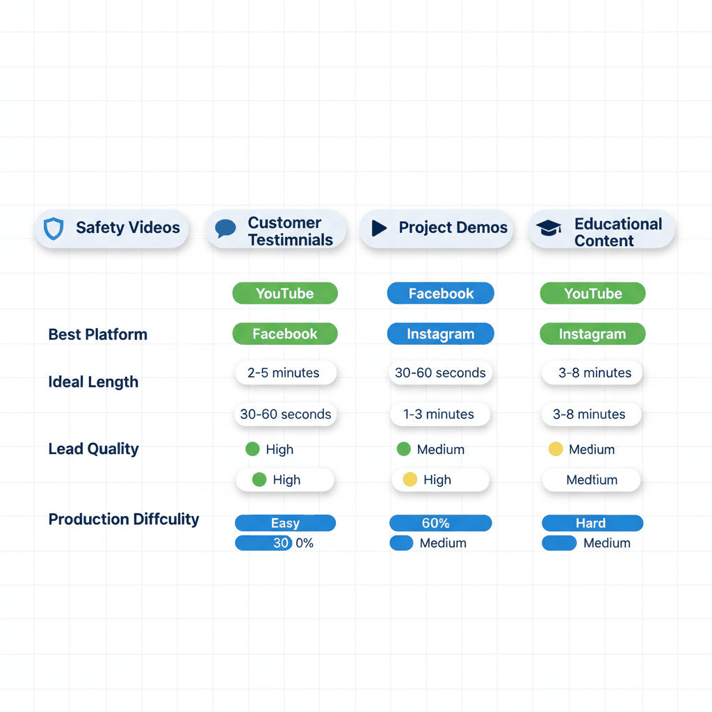 Comparison matrix showing four types of electrical contractor video content with platform recommendations and lead generation potential