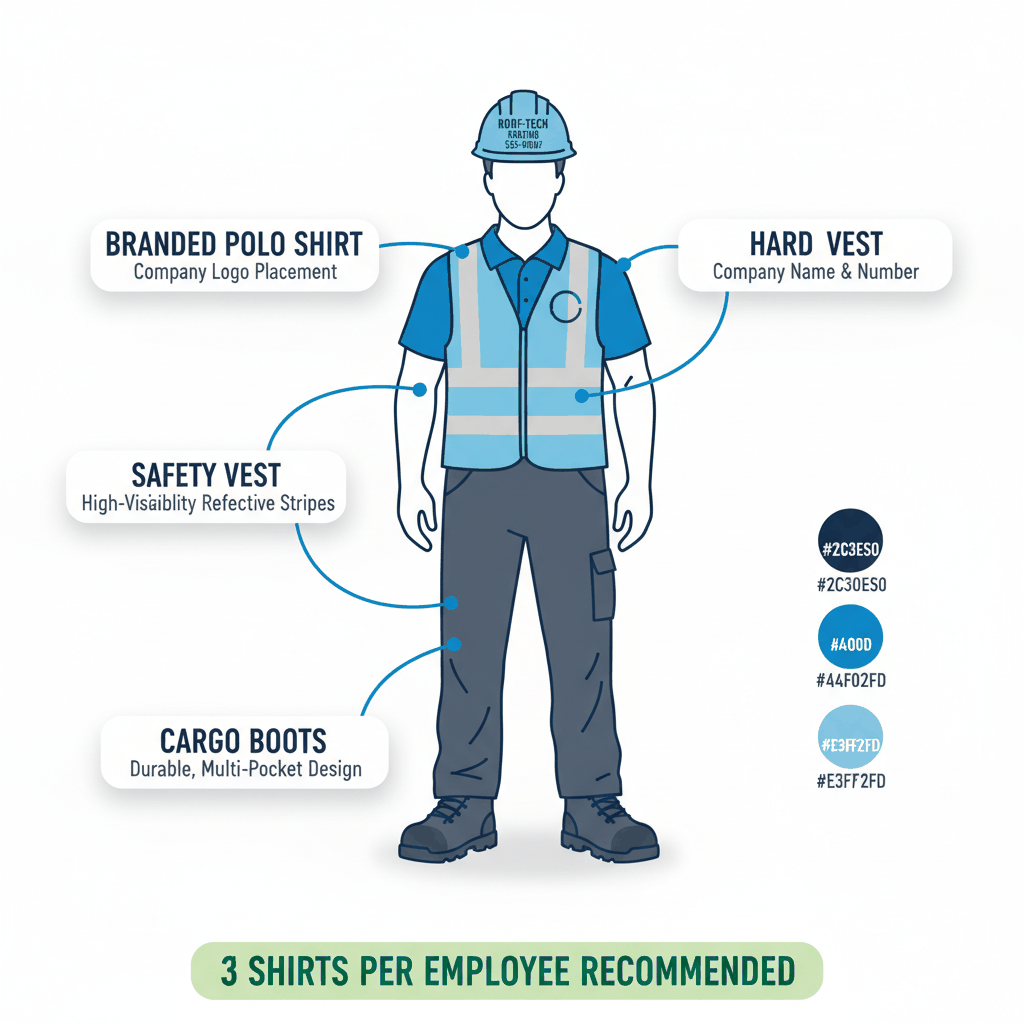 Roofing uniform components guide showing branded polo shirts, hard hats, safety equipment with professional appearance standards for crew branding