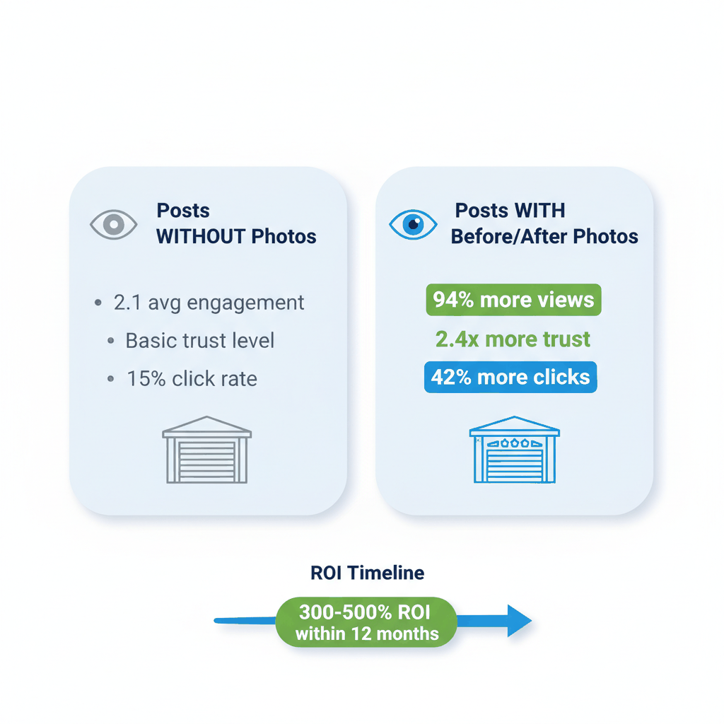 Comparison chart showing 94% more engagement for garage door contractors using before after photos versus text-only posts