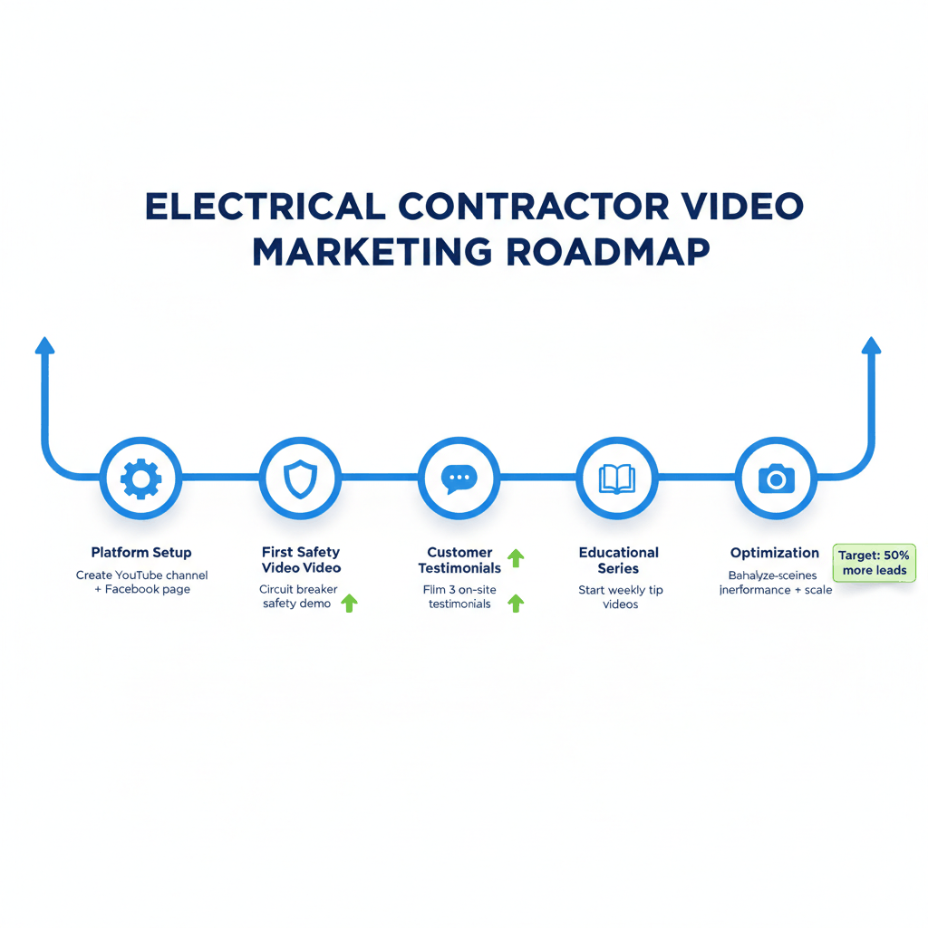 Six-month video marketing timeline showing electrical contractors when to launch different video content types and optimization milestones