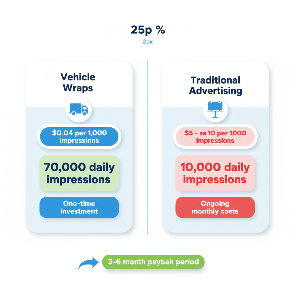 ROI comparison showing vehicle wraps generating 70,000 daily impressions at $0.04 per thousand vs traditional advertising costs for roofing companies