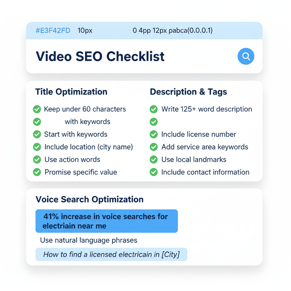 Video SEO checklist for electrical contractors showing title optimization and description requirements for better search rankings