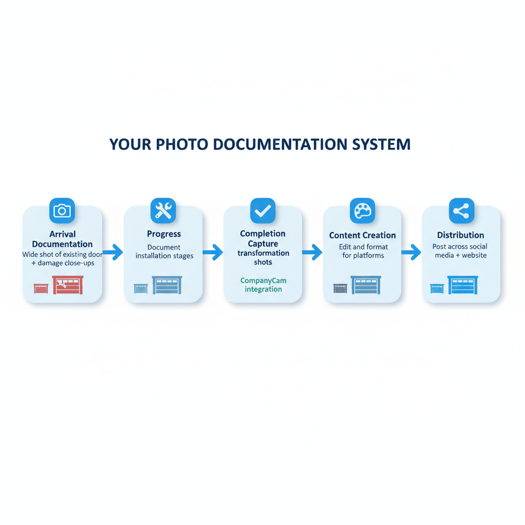 Step-by-step process flow showing systematic garage door photo documentation from arrival through content distribution