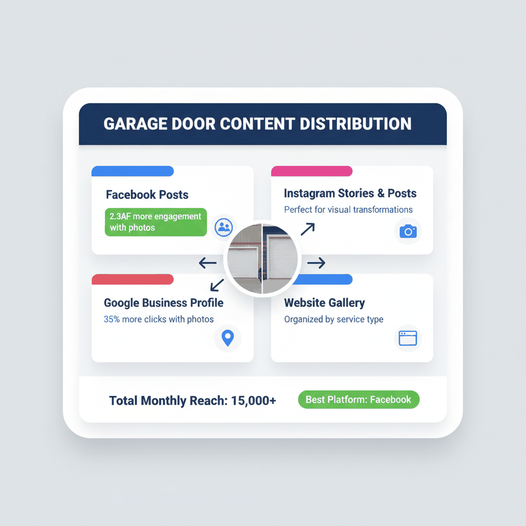 Social media distribution dashboard showing Facebook, Instagram, Google Business Profile and website gallery strategy for garage door photos